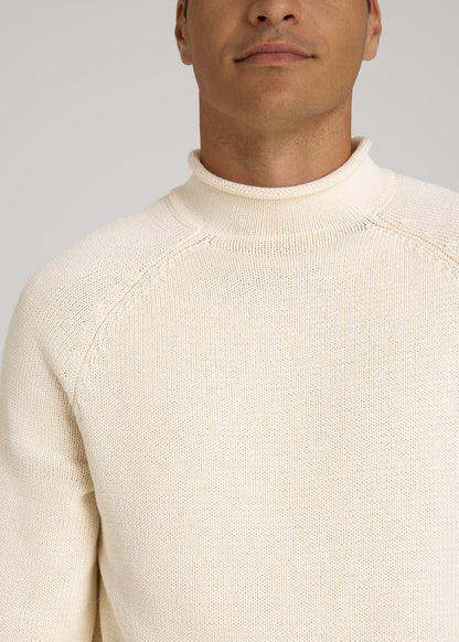 American Tall Men Fisherman Knit Rolled Mock Neck Sweater for Tall Men in Natural