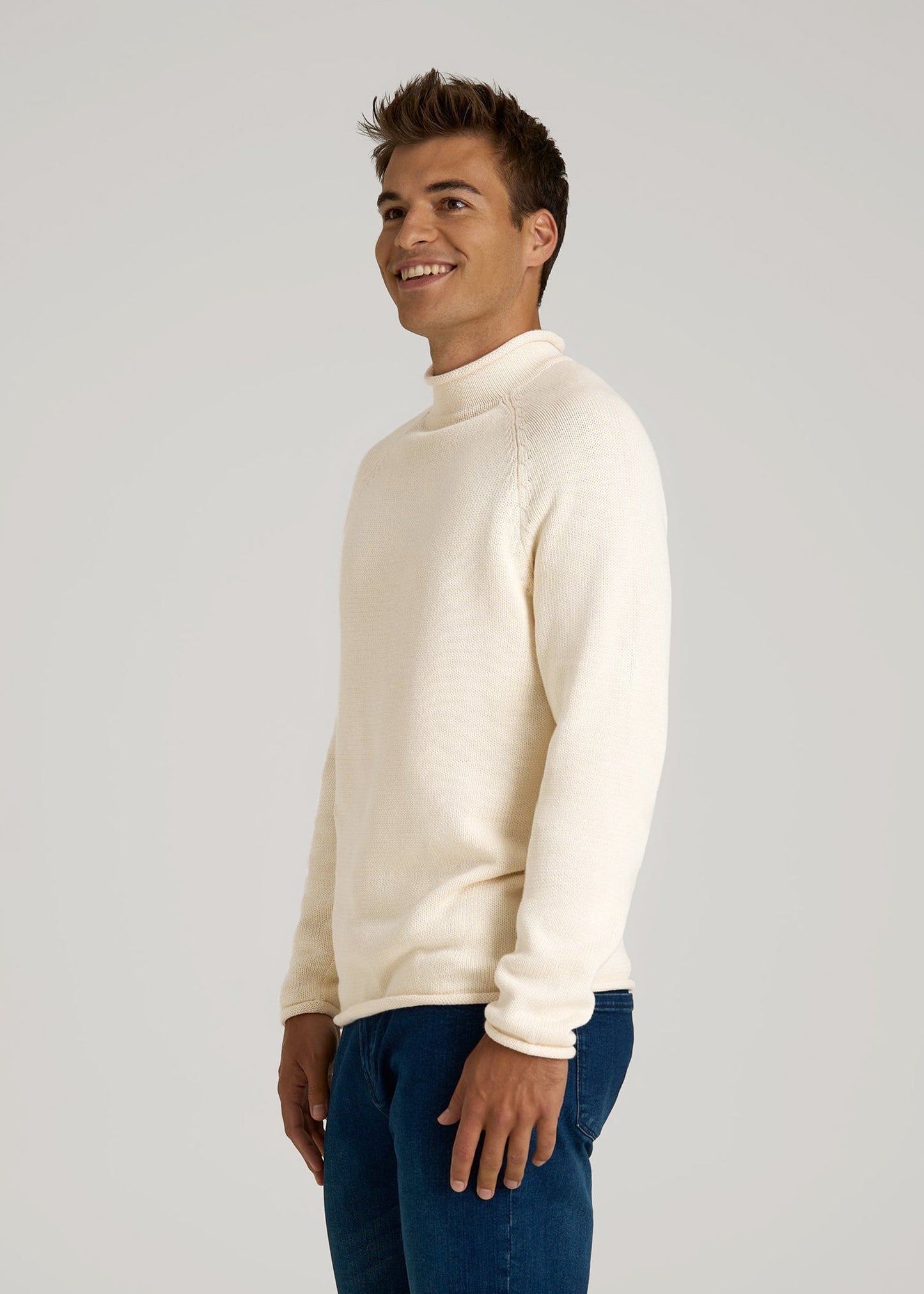 American Tall Men Fisherman Knit Rolled Mock Neck Sweater for Tall Men in Natural
