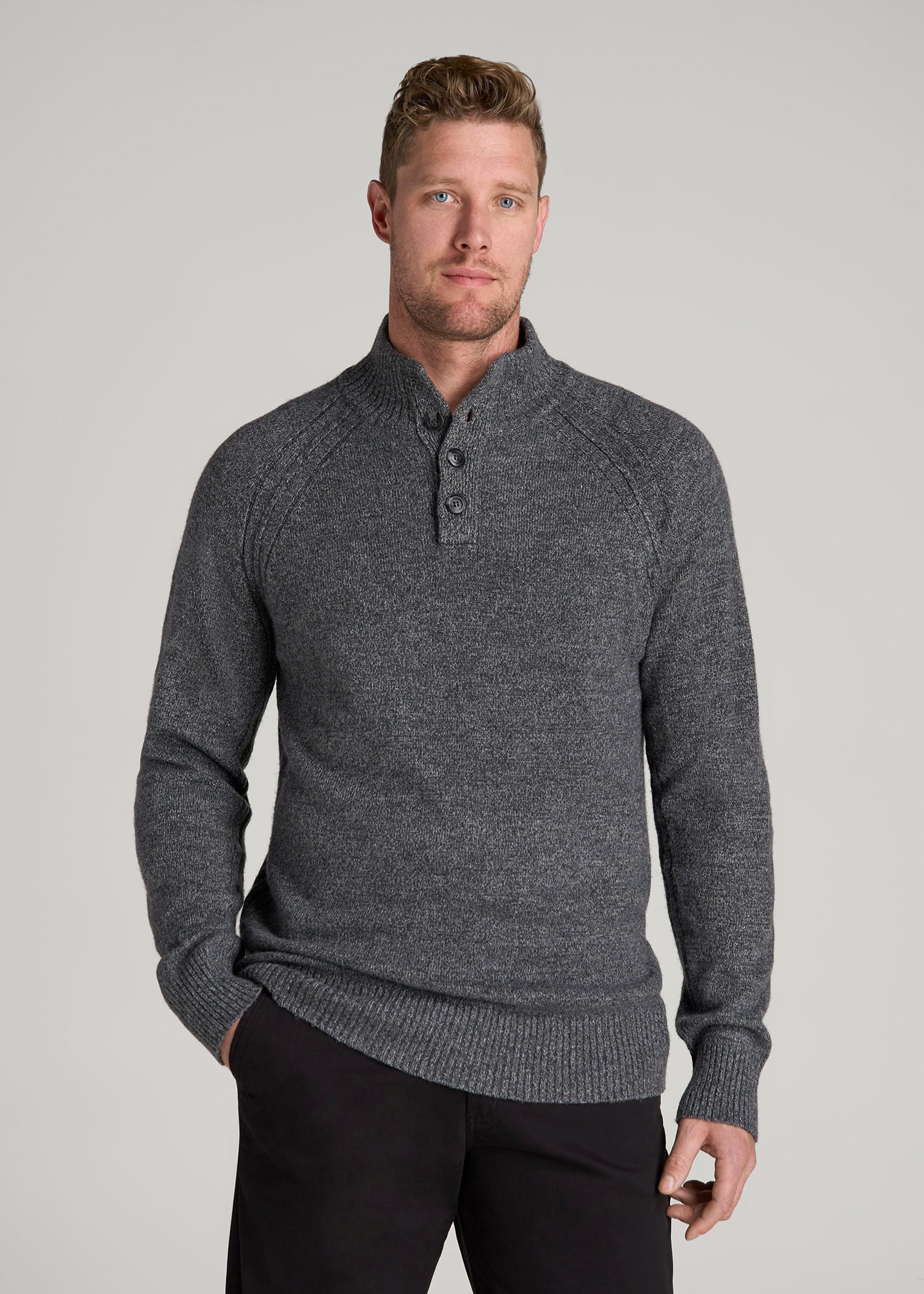 American Tall Men Three-Button Mock Neck Sweater for Tall Men in Grey Marl