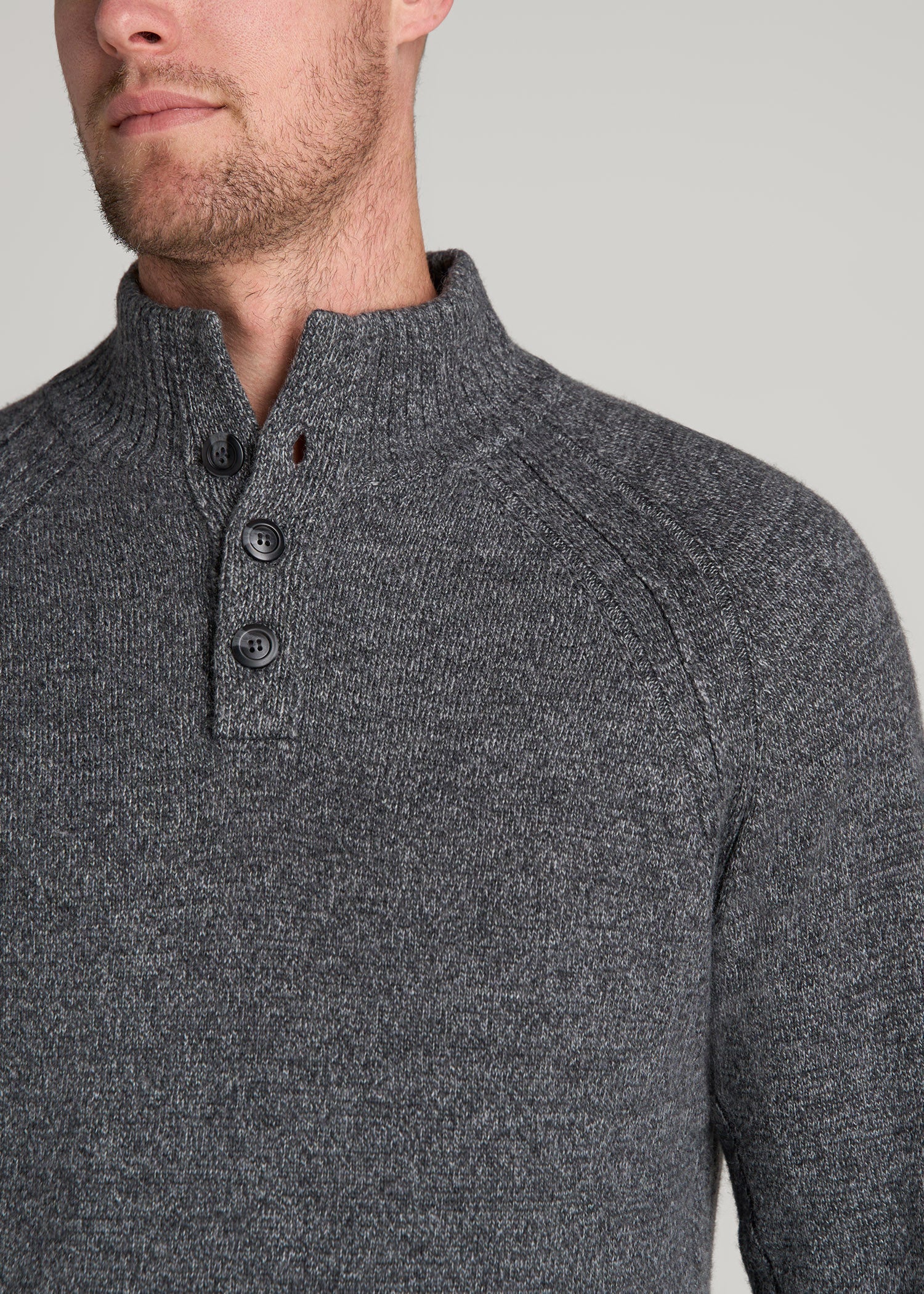 American Tall Men Three-Button Mock Neck Sweater for Tall Men in Grey Marl