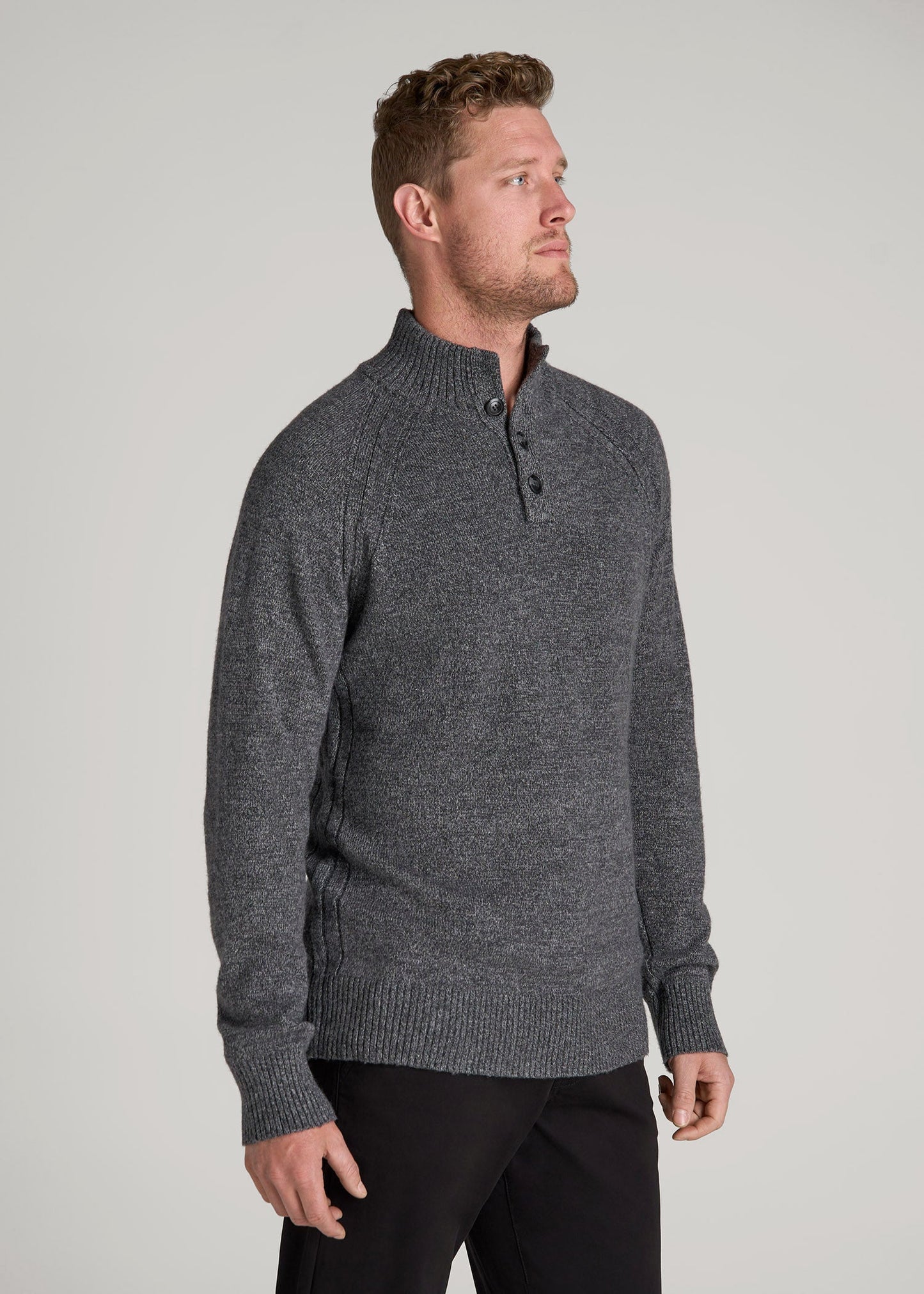 American Tall Men Three-Button Mock Neck Sweater for Tall Men in Grey Marl