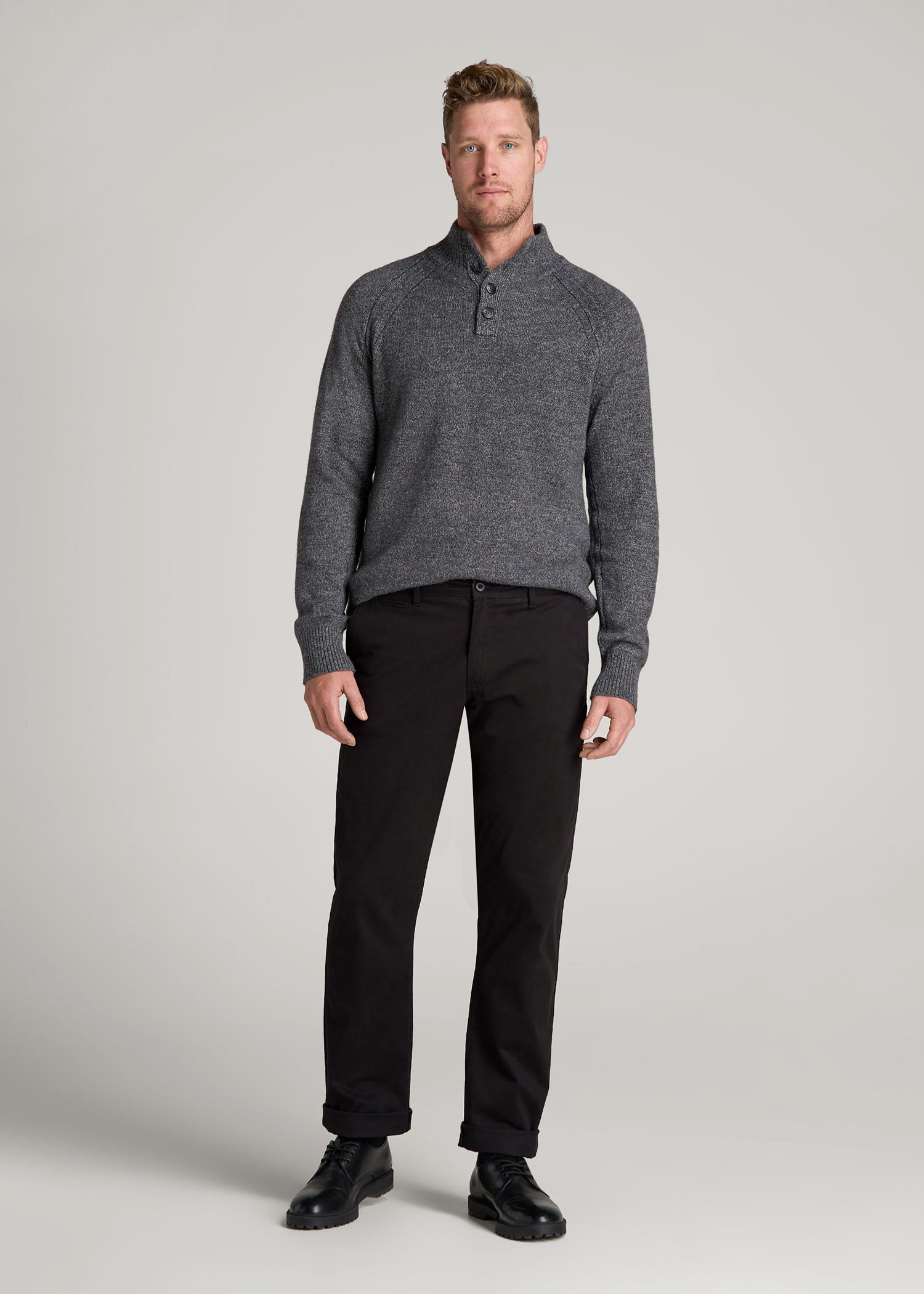American Tall Men Three-Button Mock Neck Sweater for Tall Men in Grey Marl