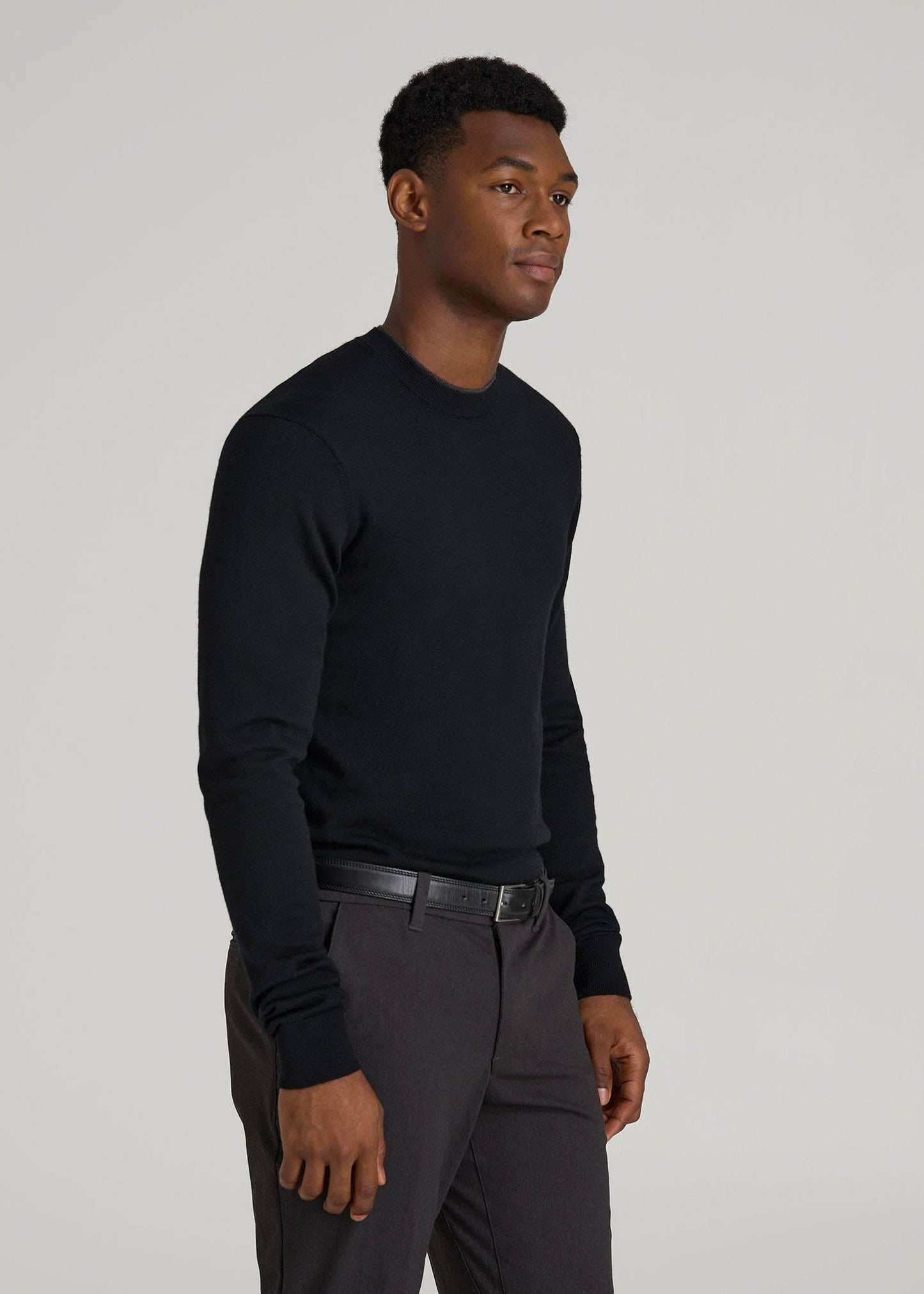 American Tall Men Merino Wool Crewneck Tip Sweater for Tall Men in Black