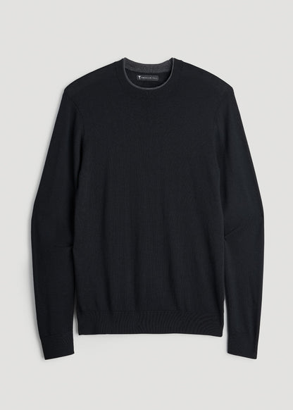 American Tall Men Merino Wool Crewneck Tip Sweater for Tall Men in Black