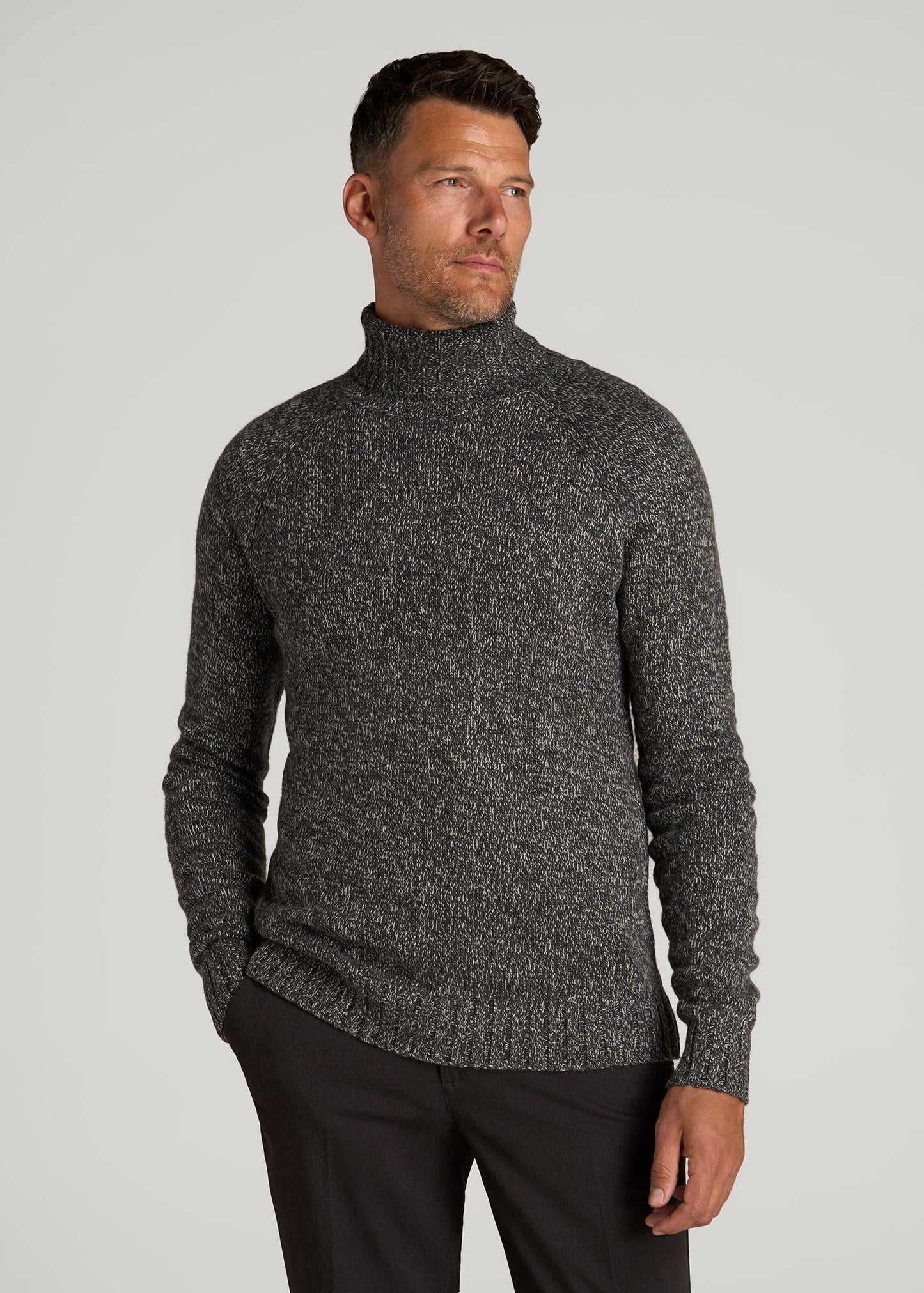 American Tall Men Wool Blend Marled Turtleneck for Tall Men in Charcoal Multi