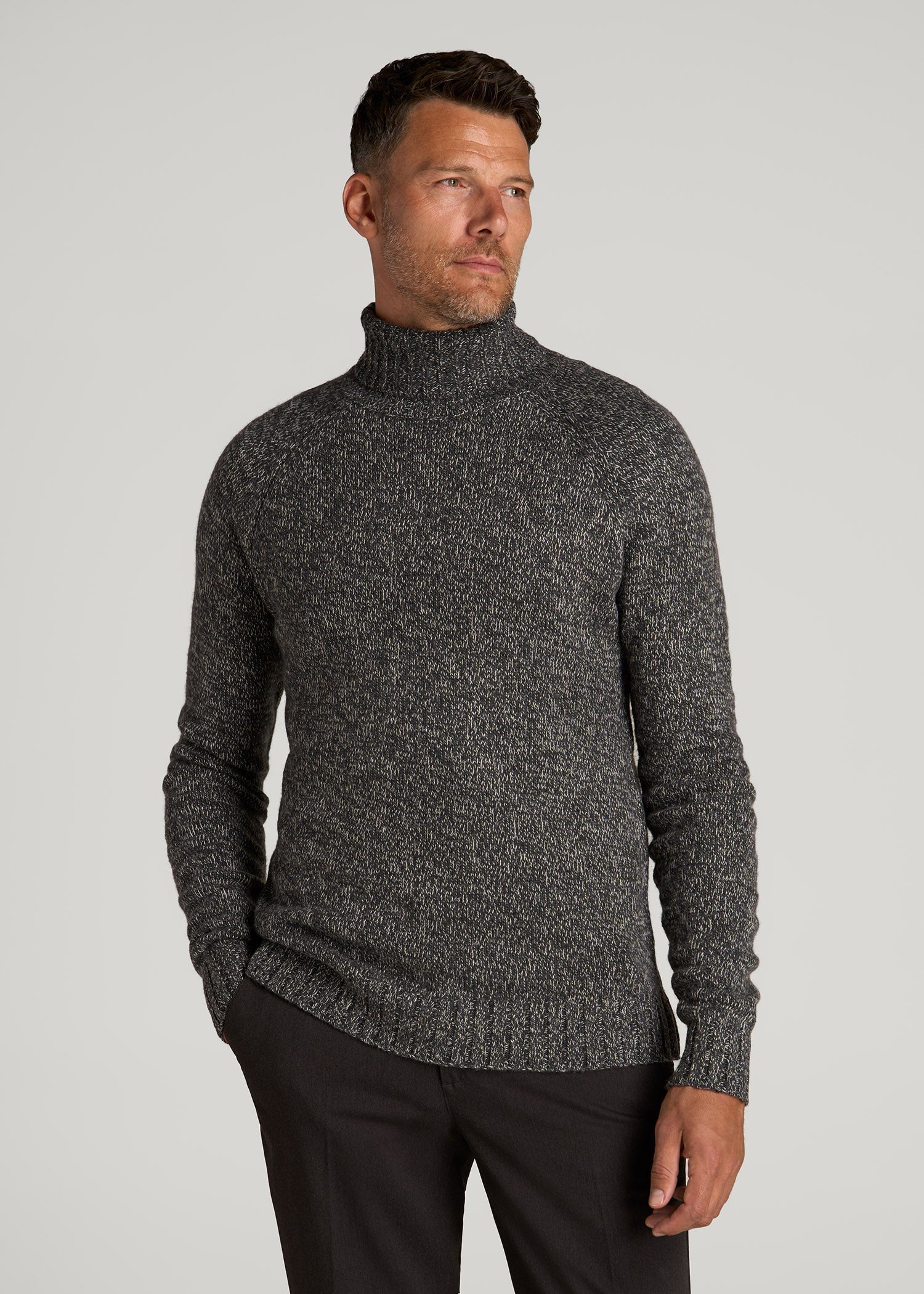 American Tall Men Wool Blend Marled Turtleneck for Tall Men in Charcoal Multi