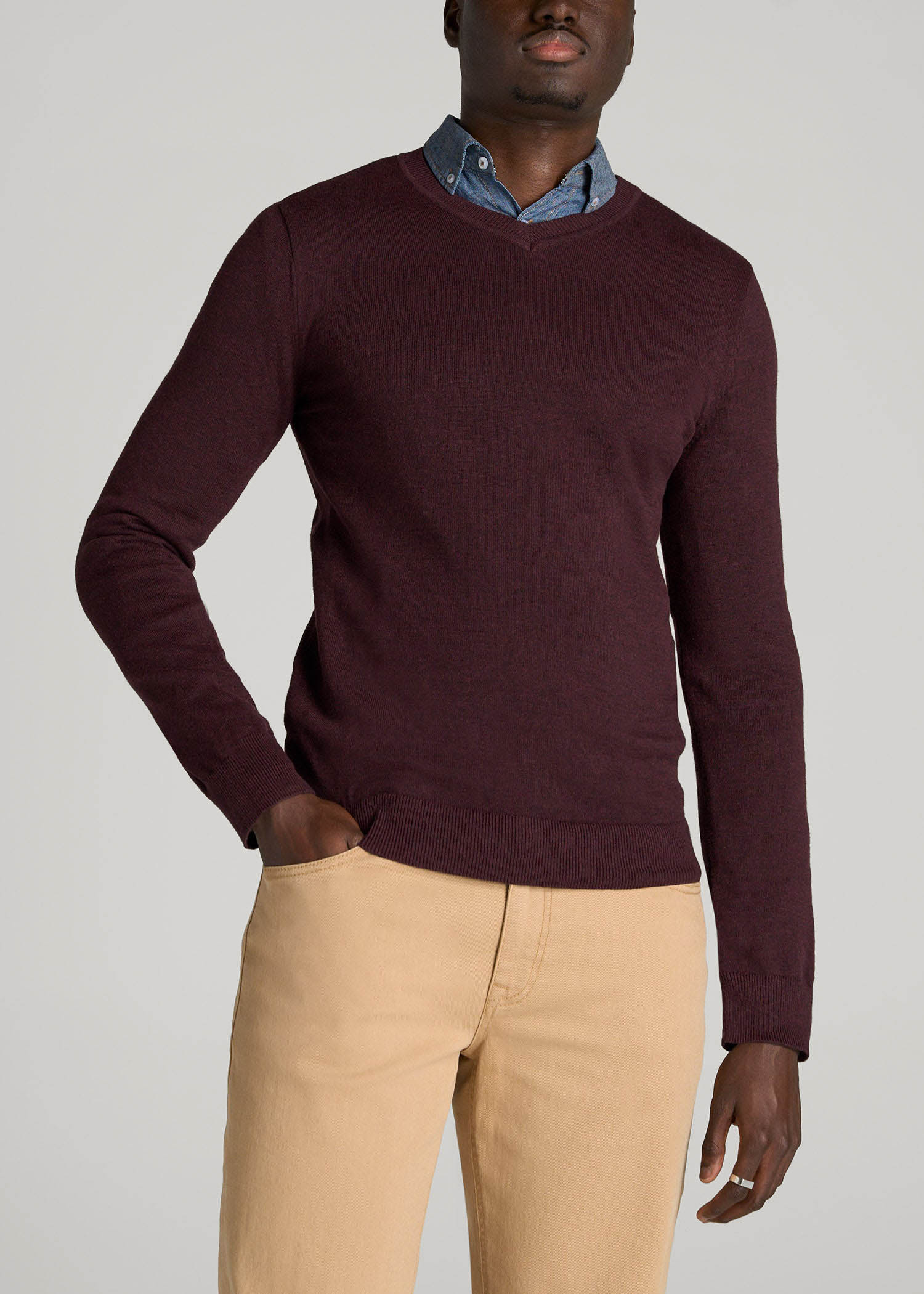 American Tall Men Everyday V-Neck Sweater for Tall Men in Burgundy Mix