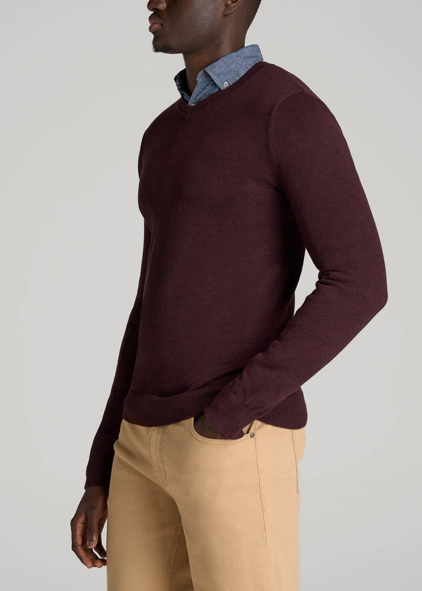 American Tall Men Everyday V-Neck Sweater for Tall Men in Burgundy Mix