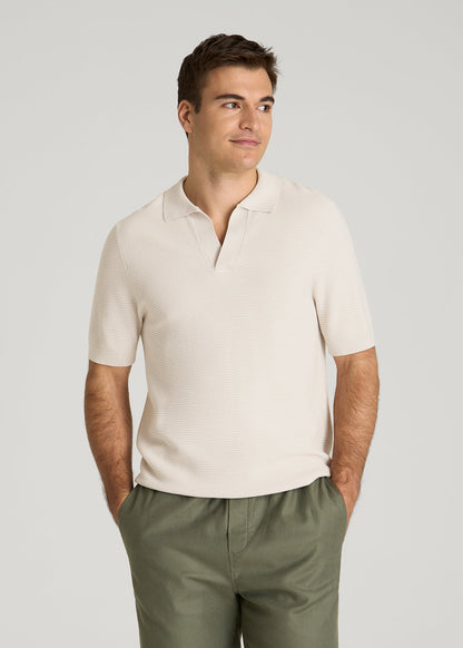 American Tall Men Braided Knit Sweater Polo for Tall Men in White Sand