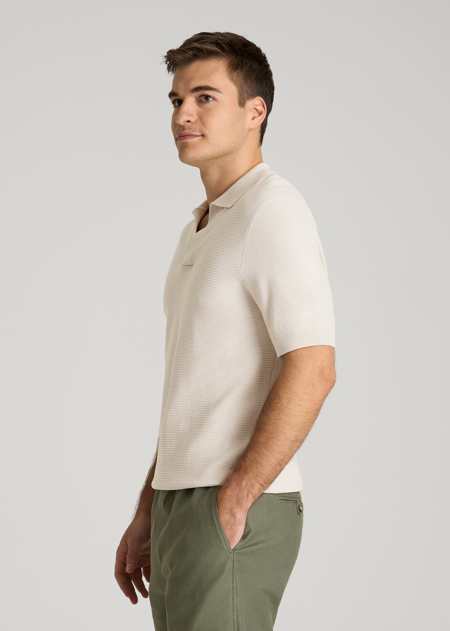 American Tall Men Braided Knit Sweater Polo for Tall Men in White Sand