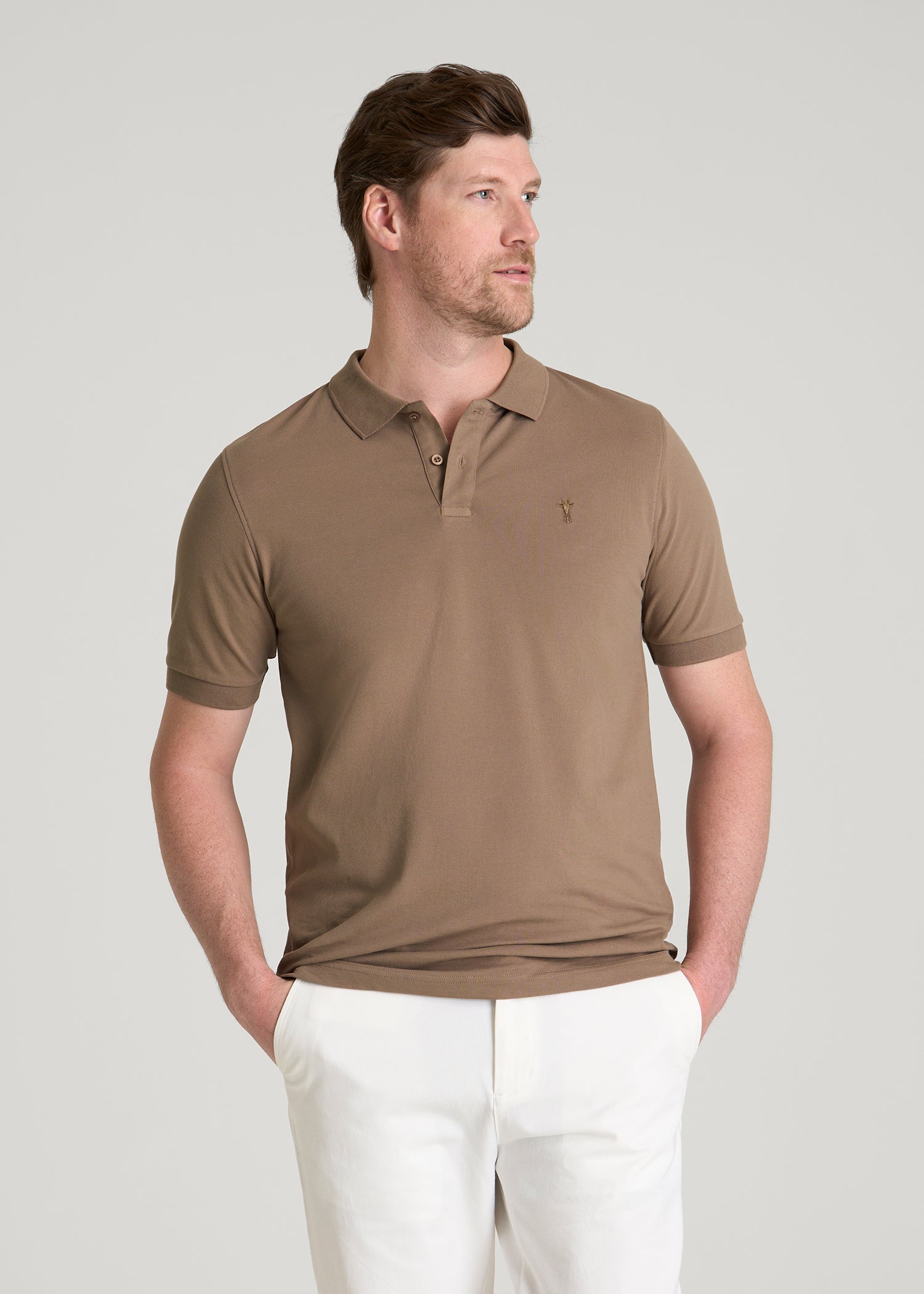 American Tall Men Classic Polo with Embroidered Logo for Tall Men in Warm Brown