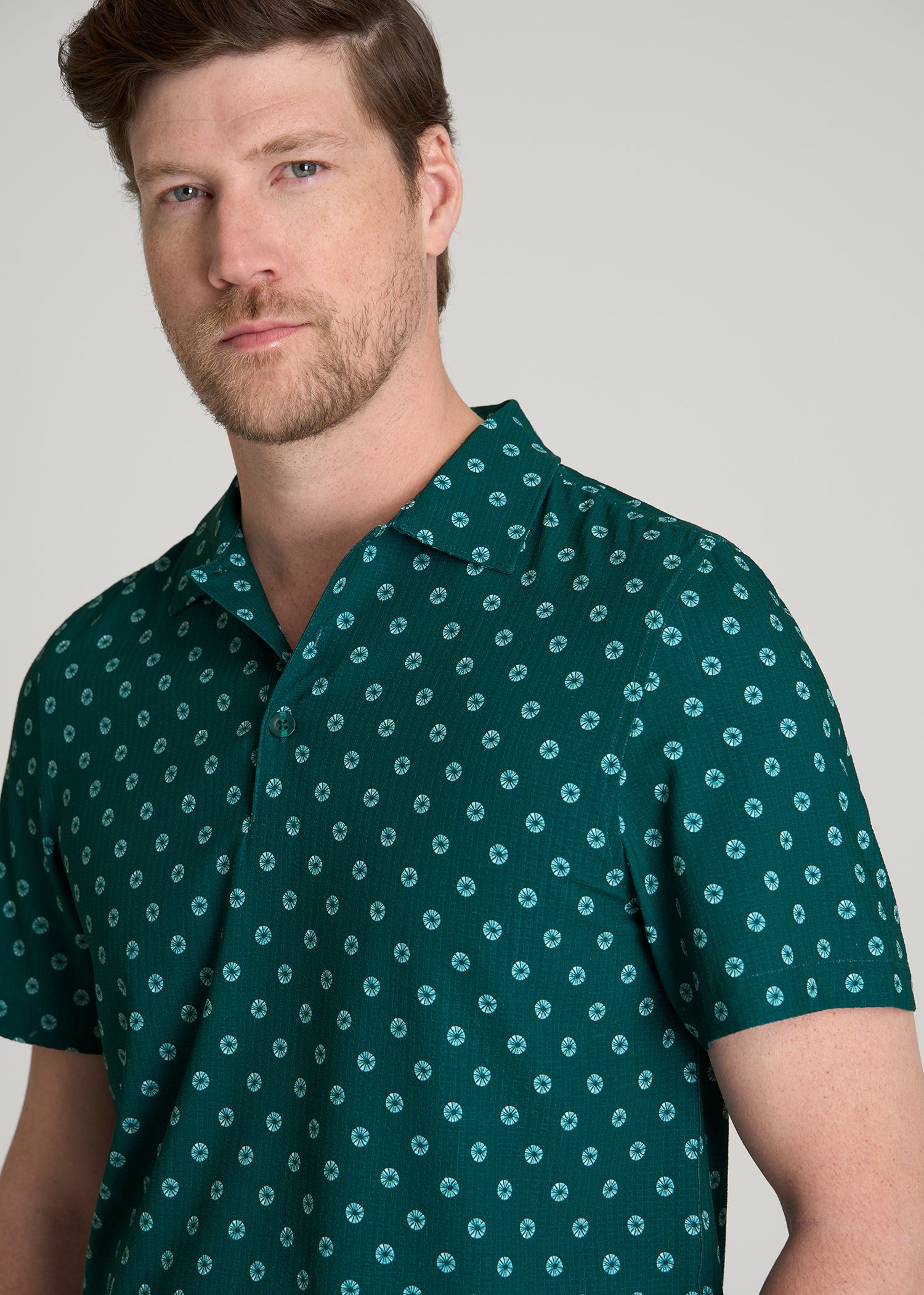 American Tall Men Coastal Perforated Polo for Tall Men in Deep Teal Floral