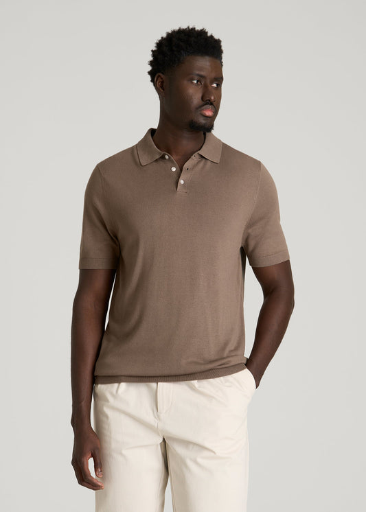 American Tall Men Linen Blend Knit Polo for Tall Men in Warm Brown