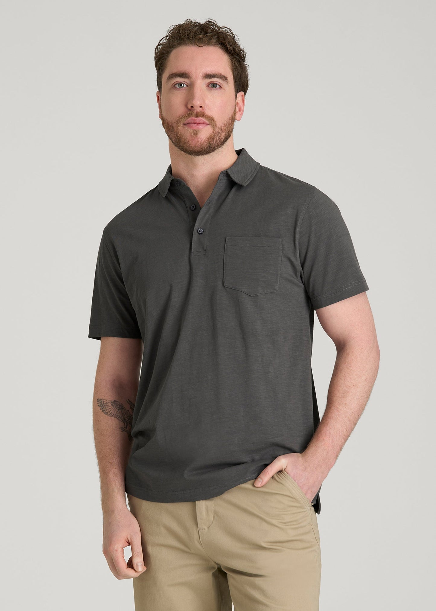 American Tall Men Slub Knit Polo with Pocket for Tall Men in Steel Grey