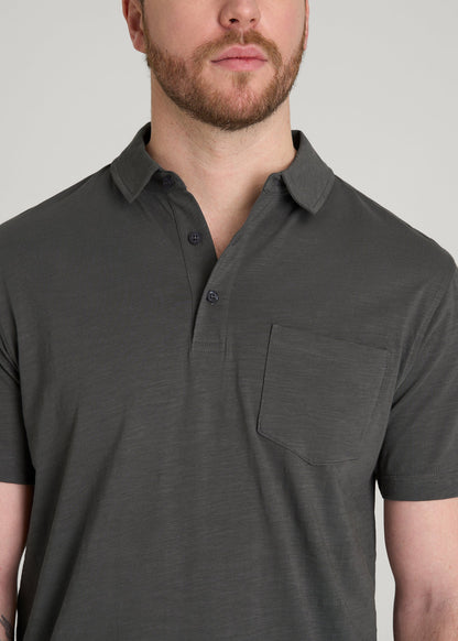 American Tall Men Slub Knit Polo with Pocket for Tall Men in Steel Grey