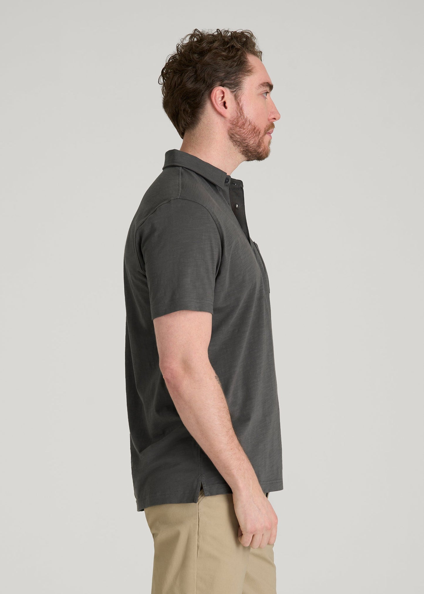 American Tall Men Slub Knit Polo with Pocket for Tall Men in Steel Grey