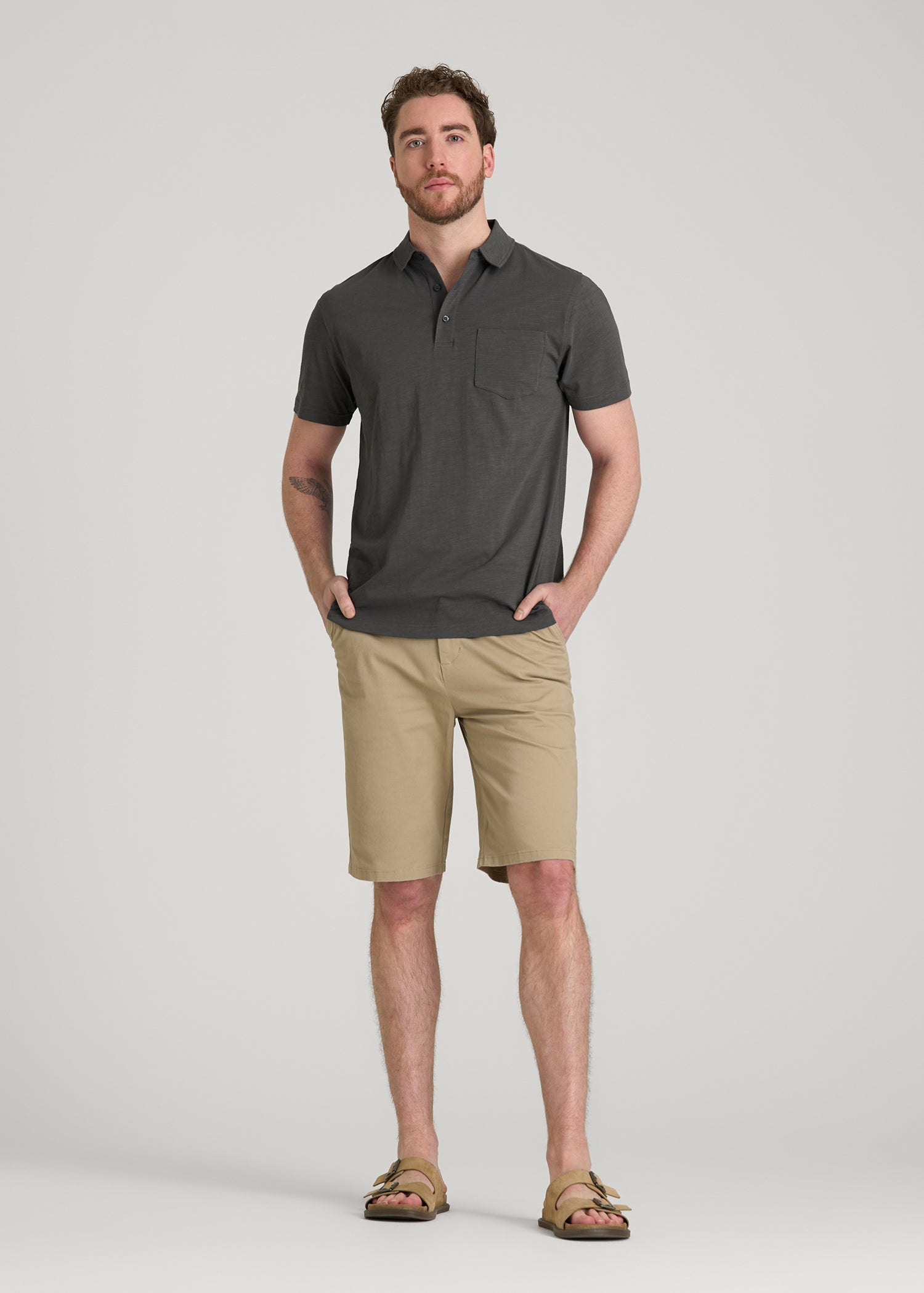 American Tall Men Slub Knit Polo with Pocket for Tall Men in Steel Grey