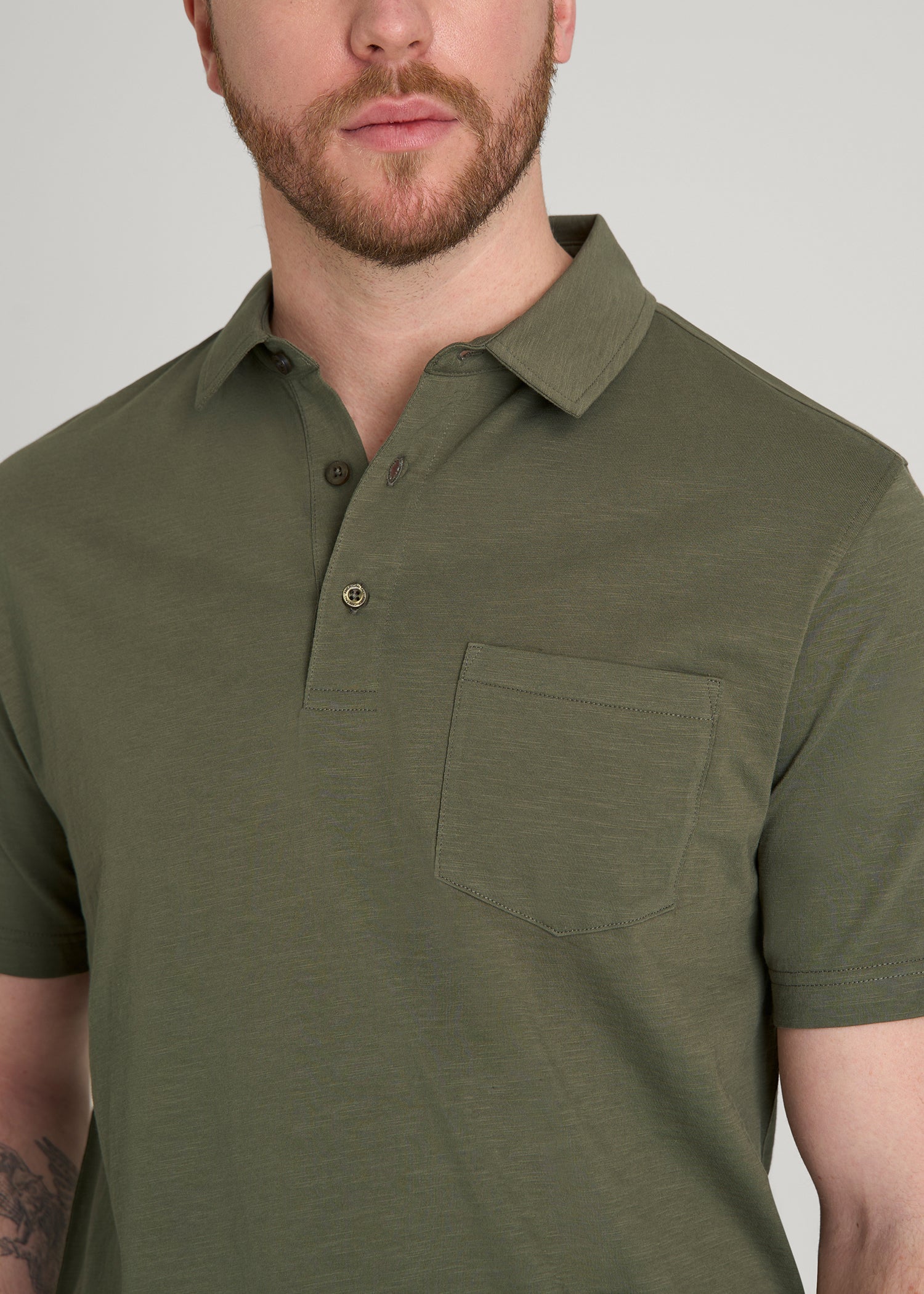 American Tall Men Slub Knit Polo with Pocket for Tall Men in Olive