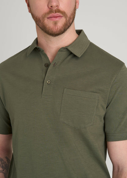 American Tall Men Slub Knit Polo with Pocket for Tall Men in Olive