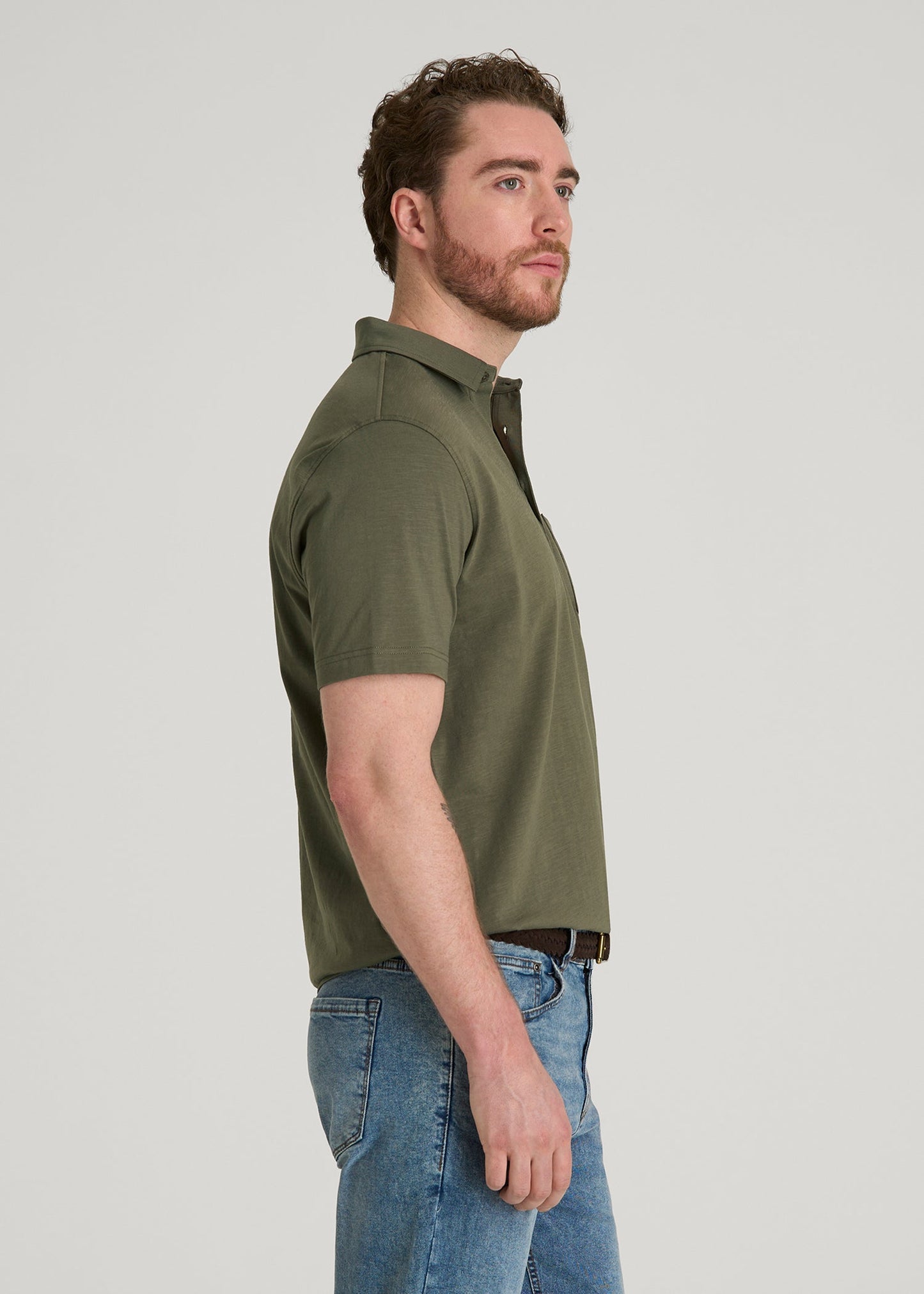 American Tall Men Slub Knit Polo with Pocket for Tall Men in Olive
