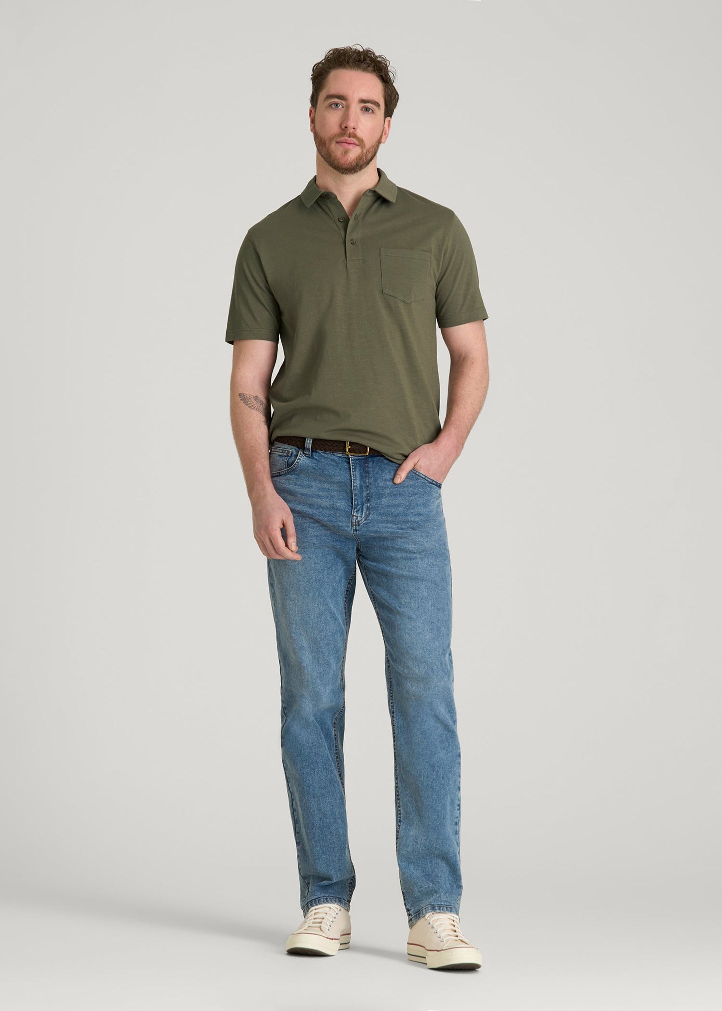 American Tall Men Slub Knit Polo with Pocket for Tall Men in Olive