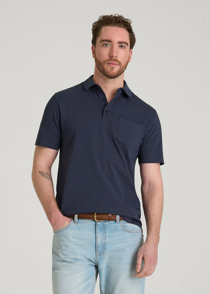 American Tall Men Slub Knit Polo with Pocket for Tall Men in Navy