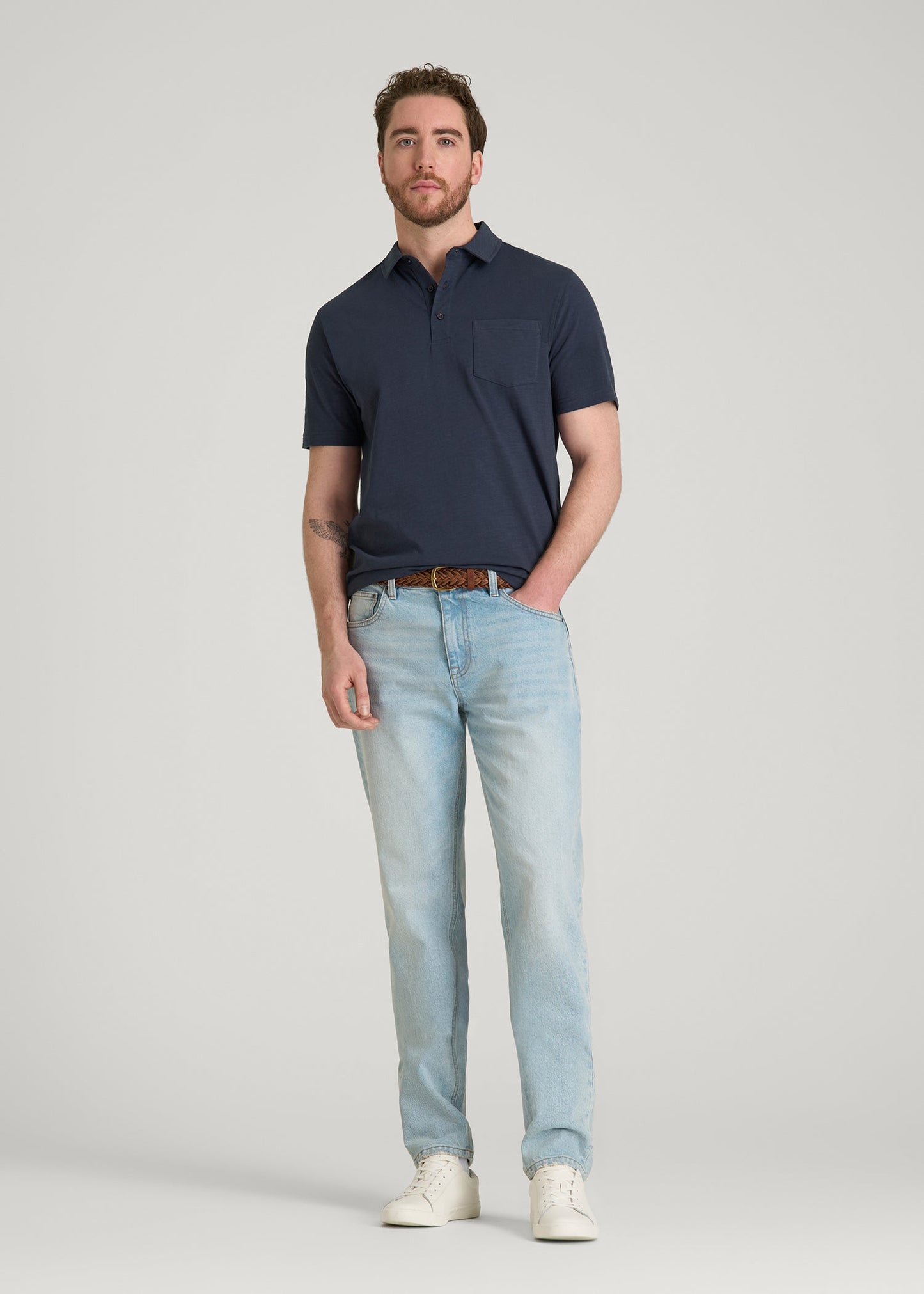American Tall Men Slub Knit Polo with Pocket for Tall Men in Navy