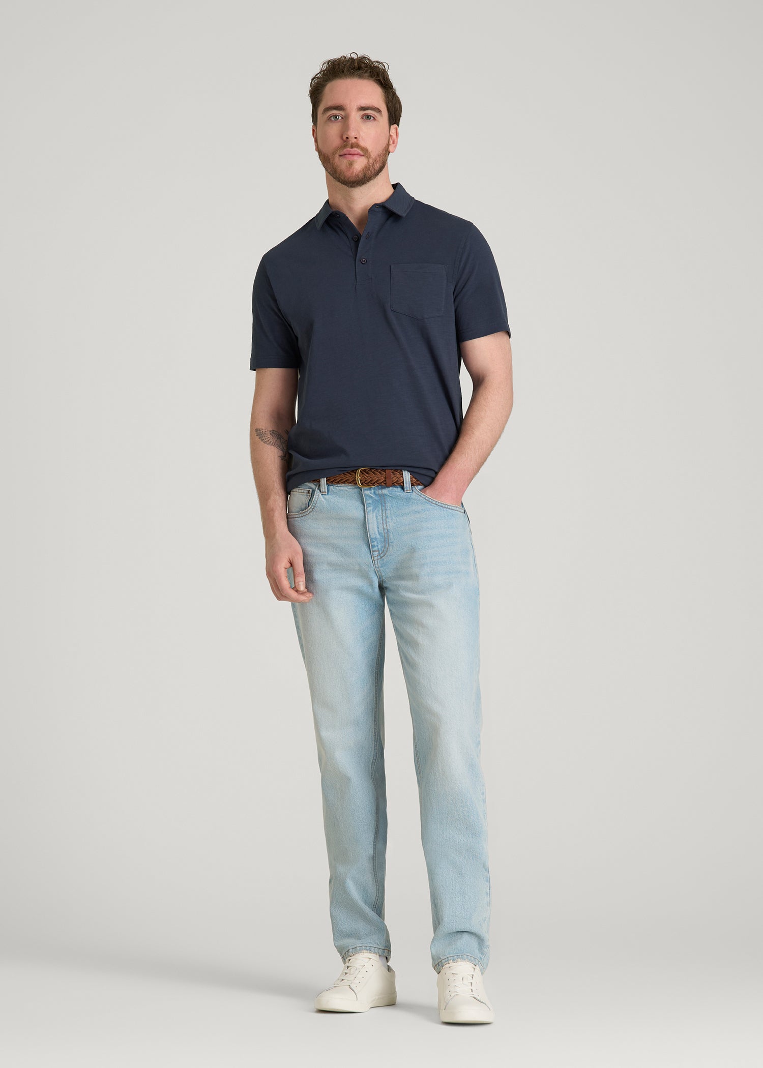 American Tall Men Slub Knit Polo with Pocket for Tall Men in Navy