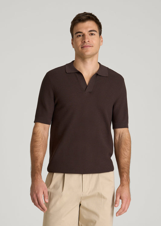 American Tall Men Braided Knit Sweater Polo for Tall Men in Espresso