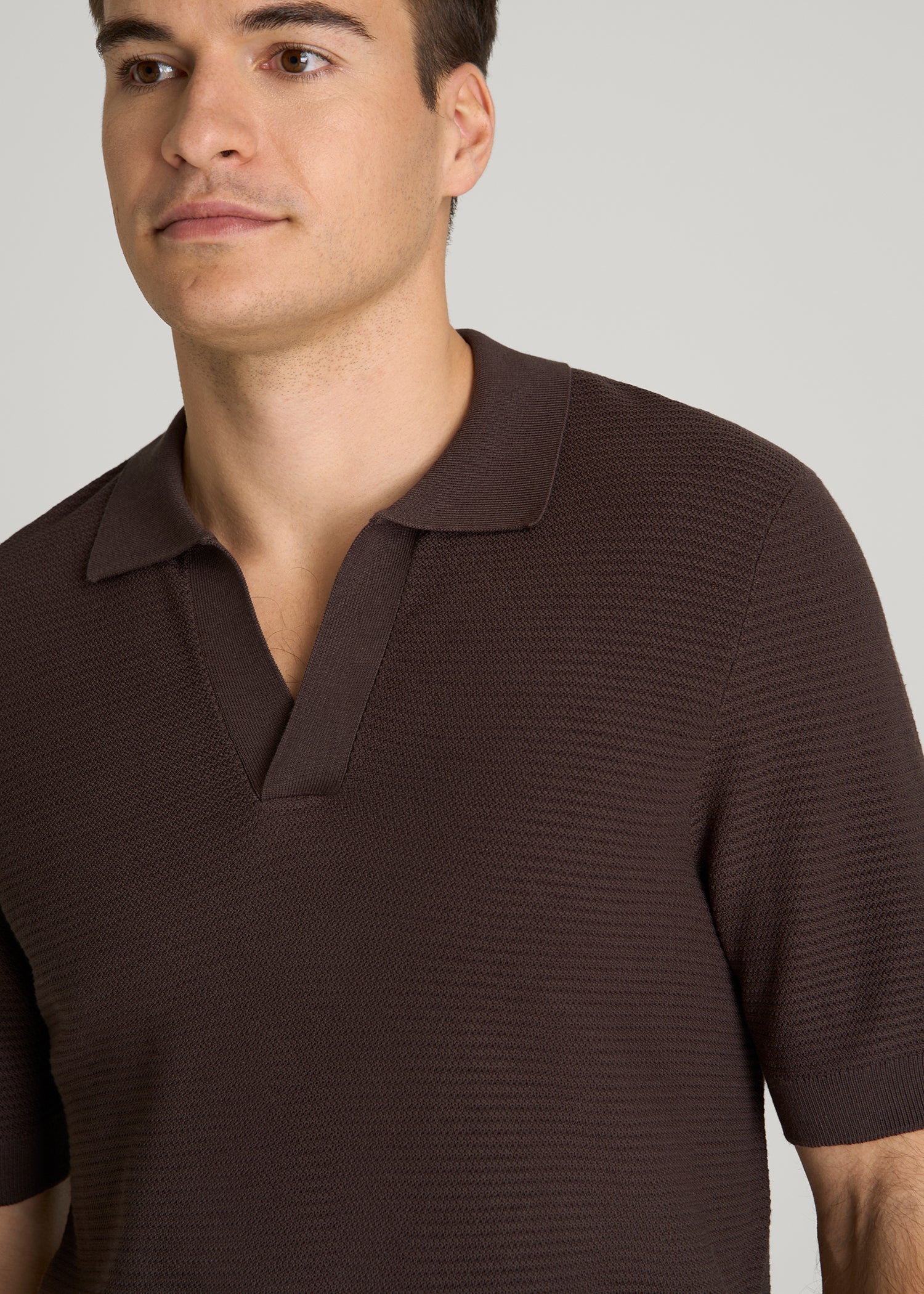 American Tall Men Braided Knit Sweater Polo for Tall Men in Espresso