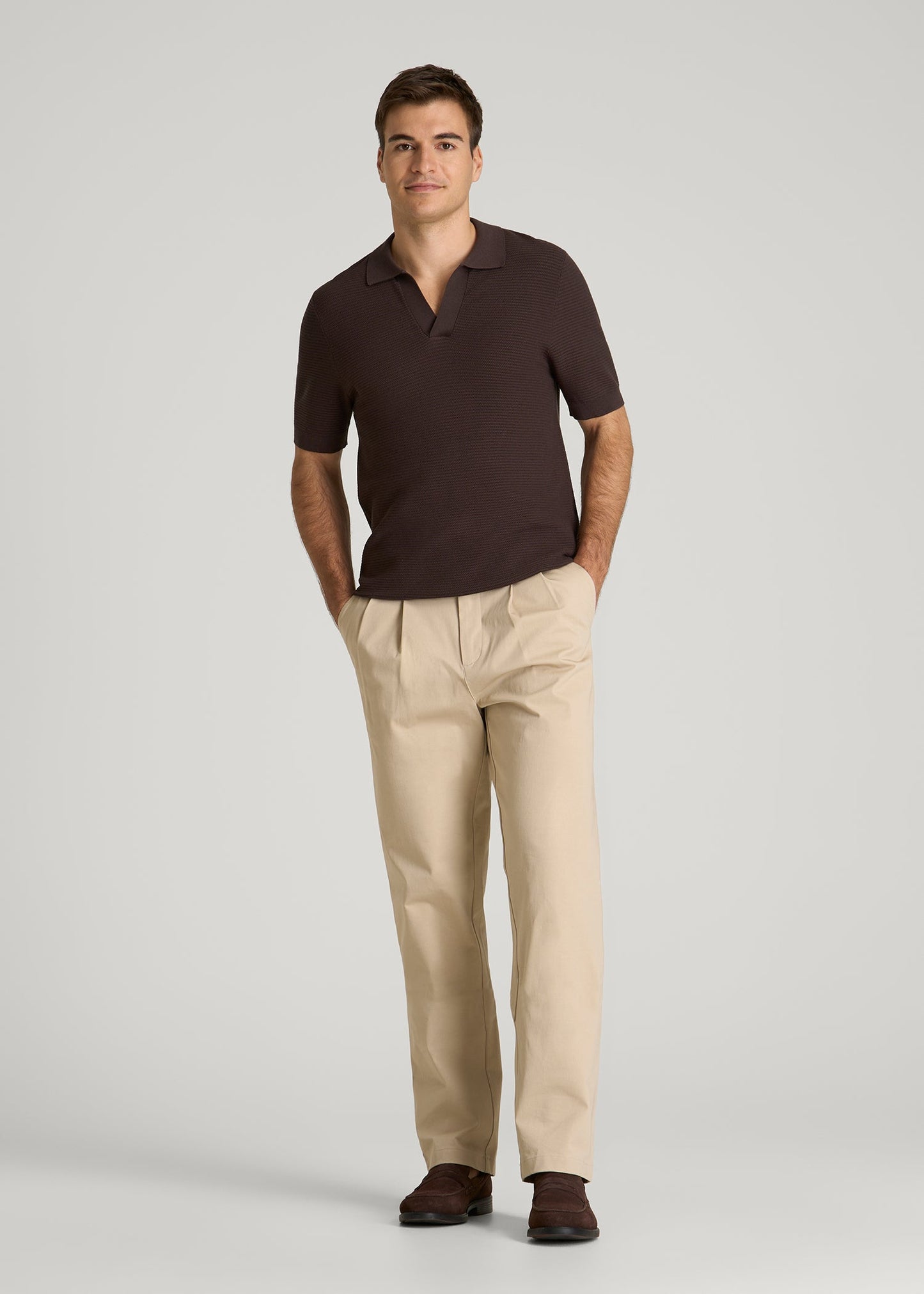American Tall Men Braided Knit Sweater Polo for Tall Men in Espresso
