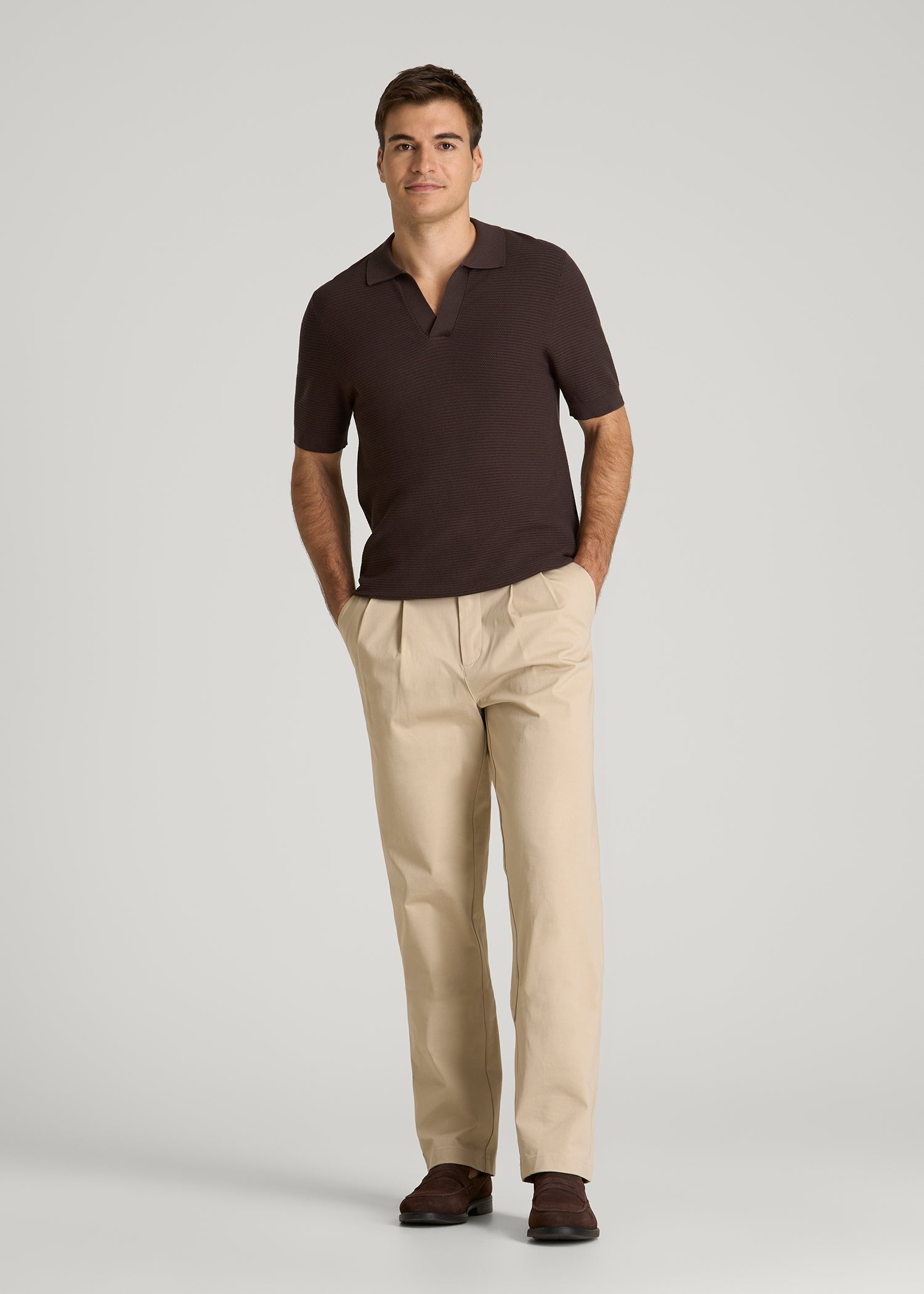 American Tall Men Braided Knit Sweater Polo for Tall Men in Espresso