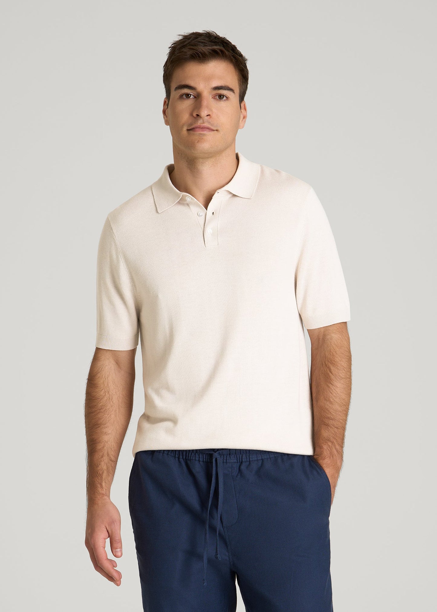American Tall Men Linen Blend Knit Polo for Tall Men in White Sand