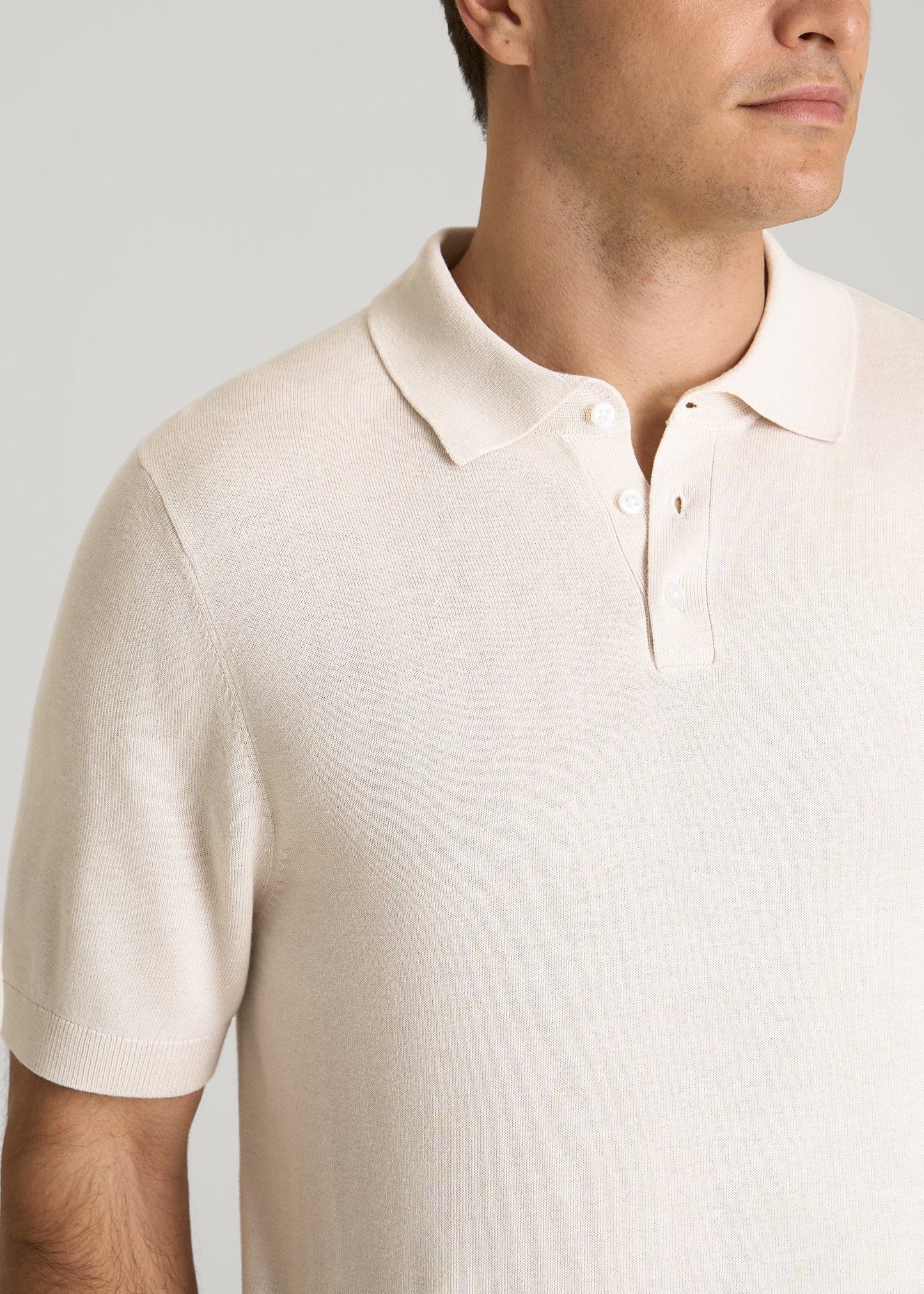 American Tall Men Linen Blend Knit Polo for Tall Men in White Sand