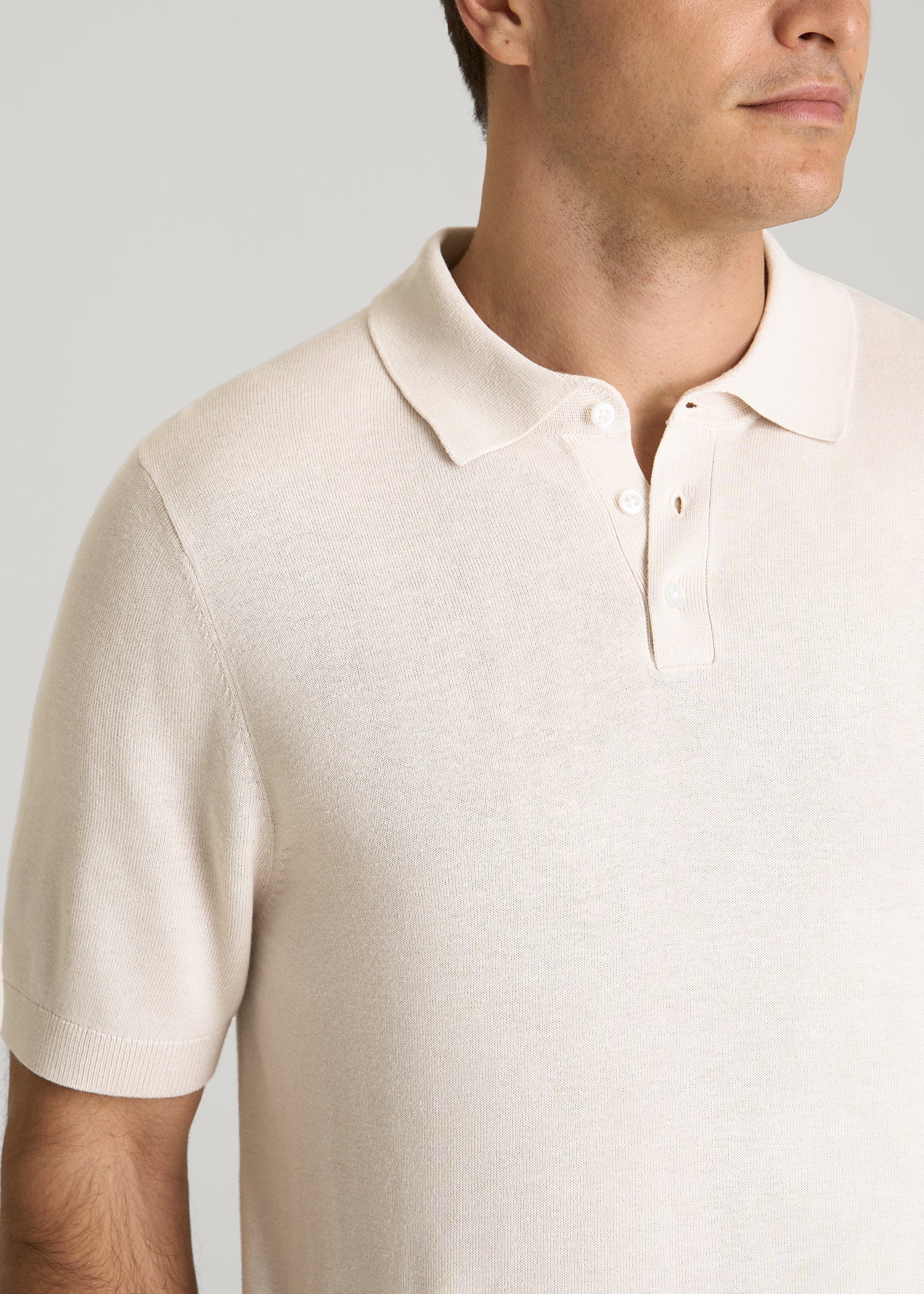 American Tall Men Linen Blend Knit Polo for Tall Men in White Sand