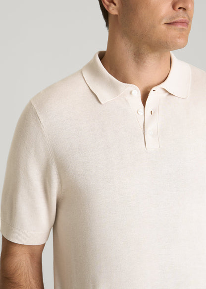 American Tall Men Linen Blend Knit Polo for Tall Men in White Sand