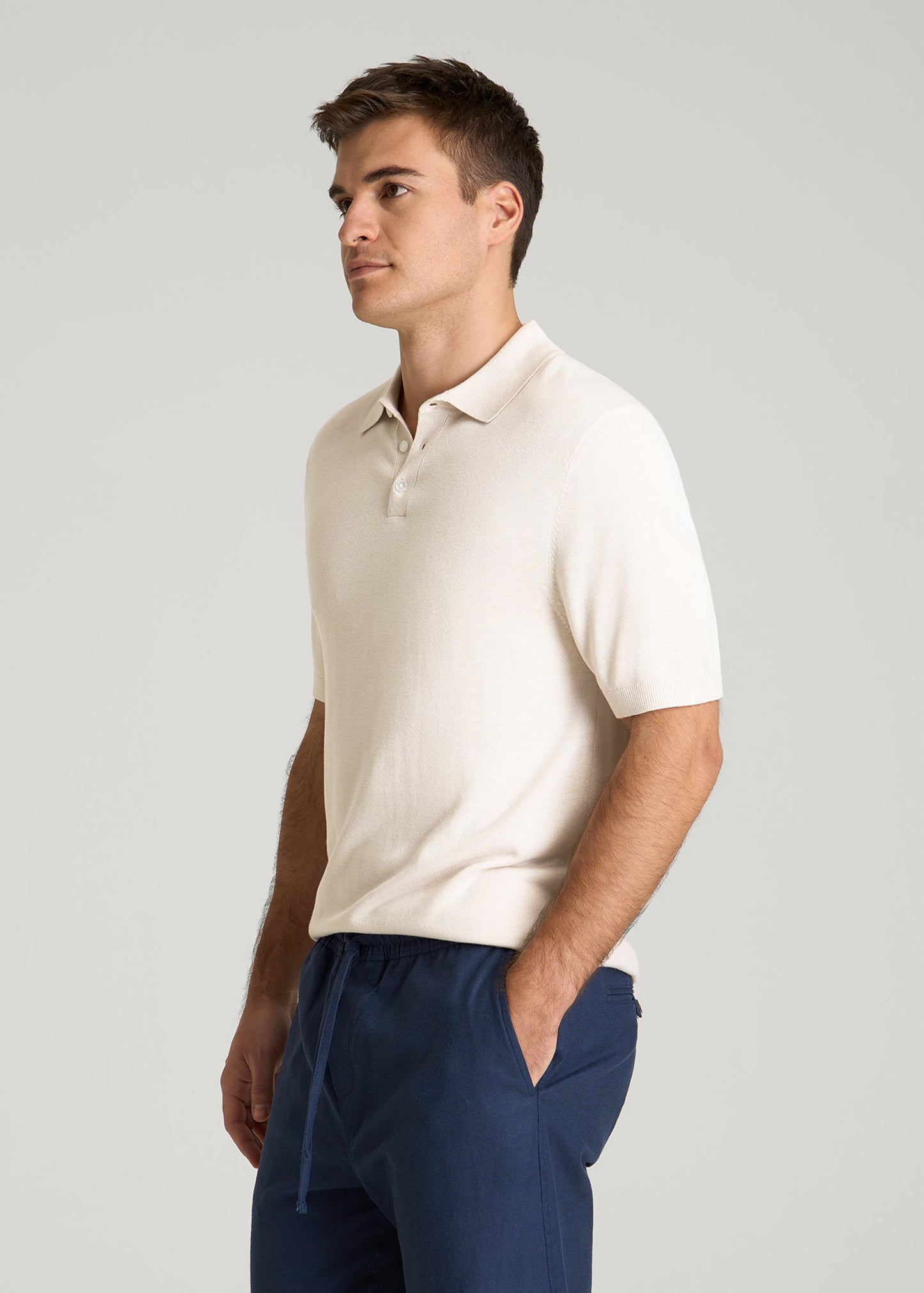 American Tall Men Linen Blend Knit Polo for Tall Men in White Sand