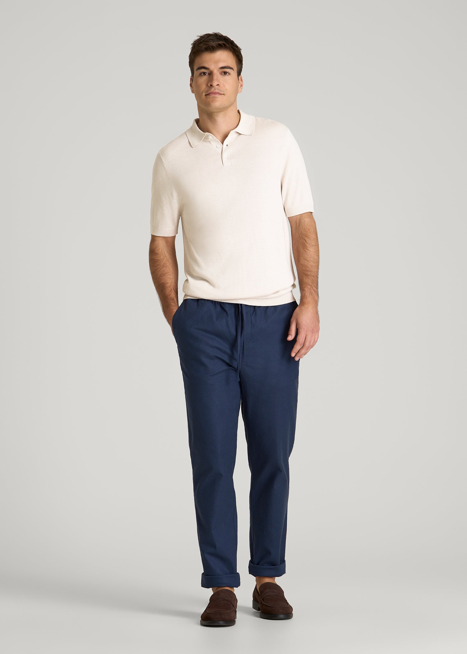American Tall Men Linen Blend Knit Polo for Tall Men in White Sand