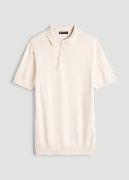 American Tall Men Linen Blend Knit Polo for Tall Men in White Sand