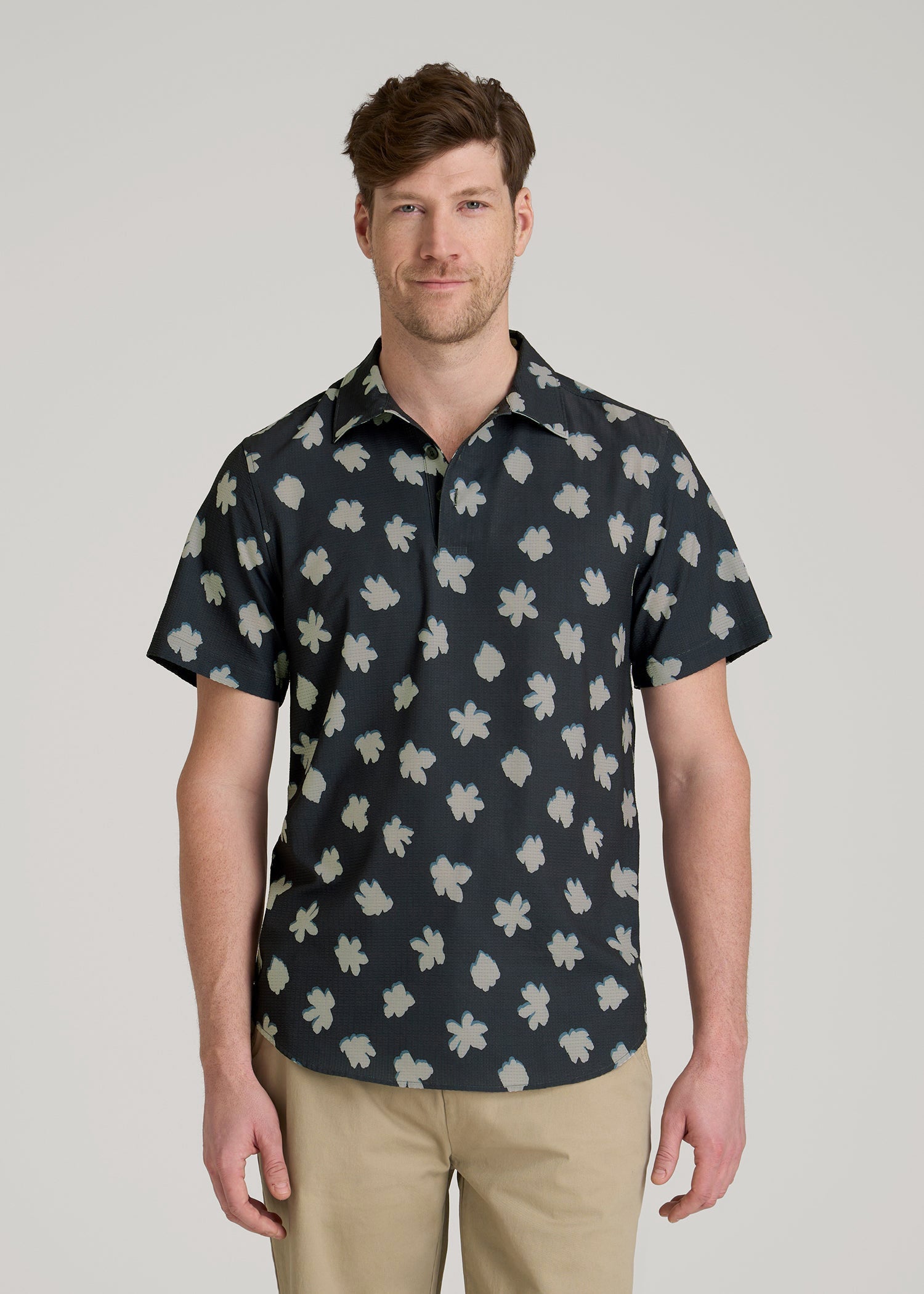 American Tall Men Coastal Perforated Polo Shirt for Tall Men in Navy and Bone Floral