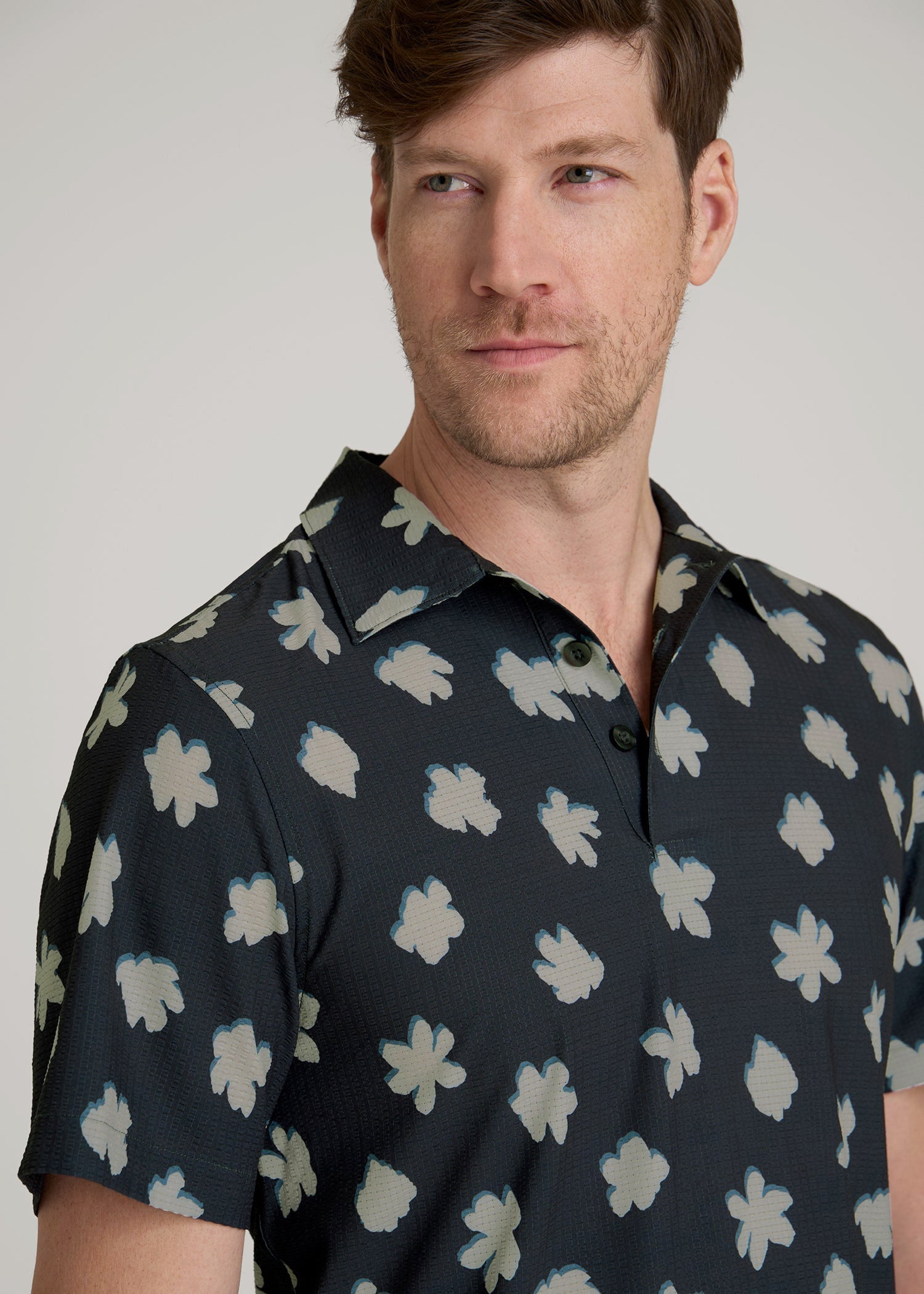 American Tall Men Coastal Perforated Polo Shirt for Tall Men in Navy and Bone Floral