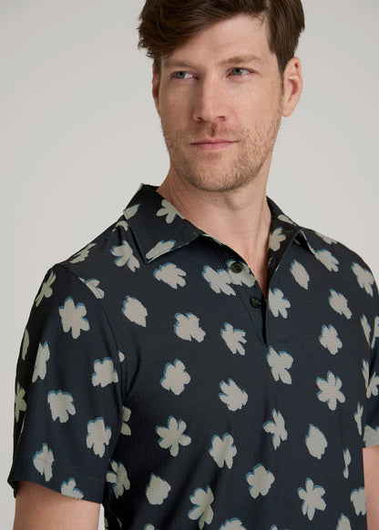 American Tall Men Coastal Perforated Polo Shirt for Tall Men in Navy and Bone Floral