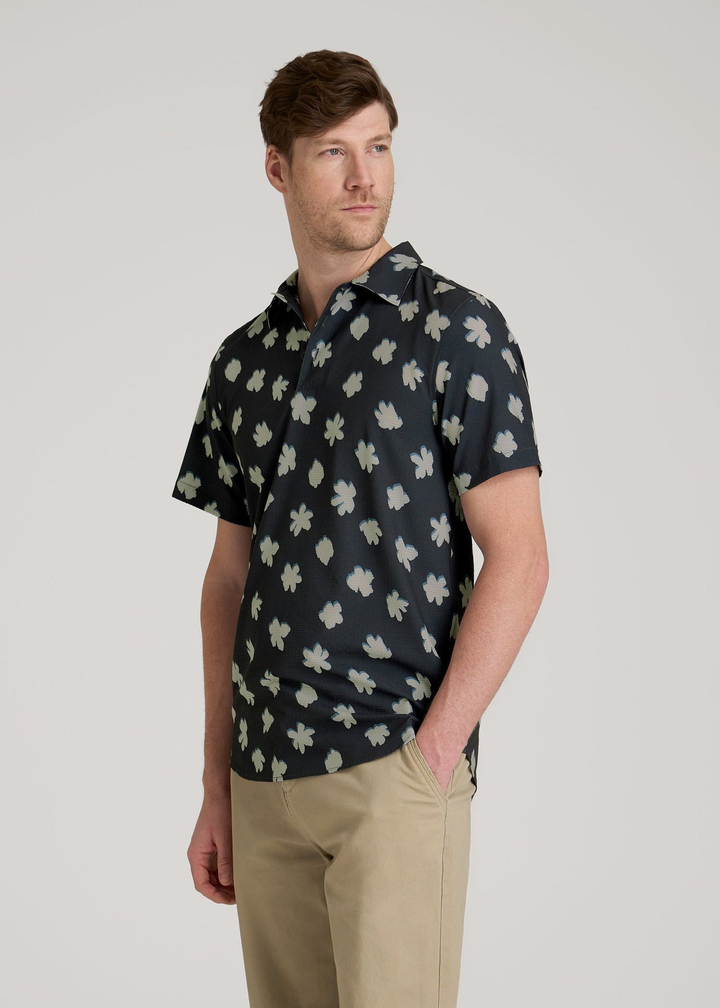 American Tall Men Coastal Perforated Polo Shirt for Tall Men in Navy and Bone Floral