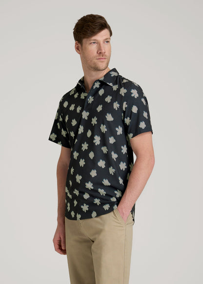 American Tall Men Coastal Perforated Polo Shirt for Tall Men in Navy and Bone Floral