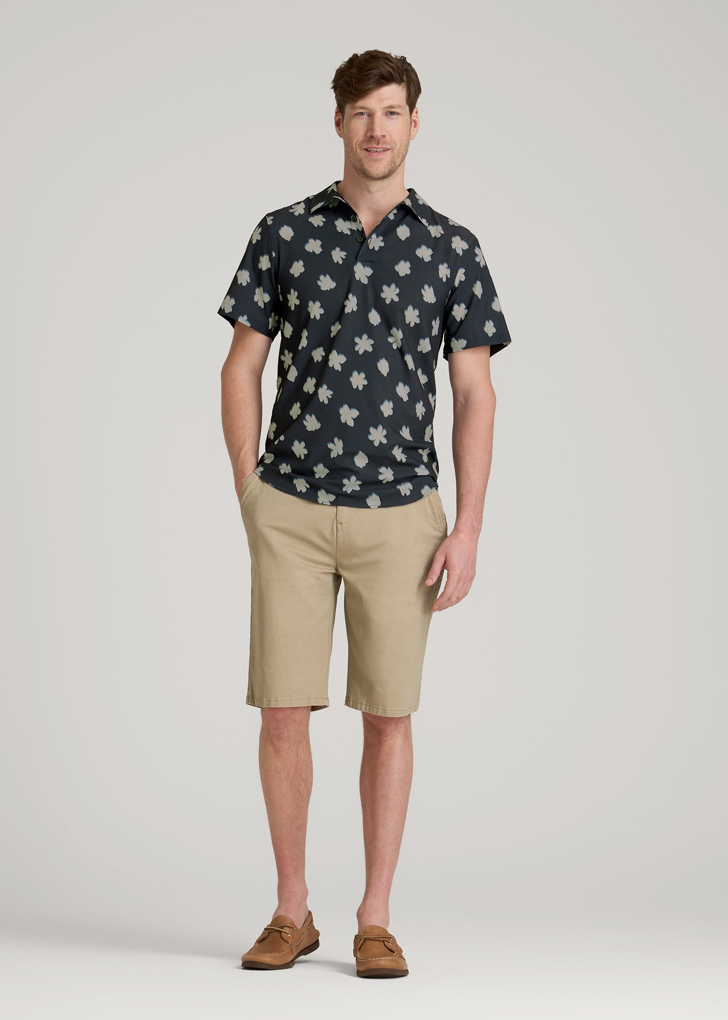 American Tall Men Coastal Perforated Polo Shirt for Tall Men in Navy and Bone Floral