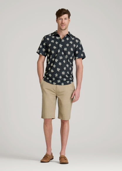American Tall Men Coastal Perforated Polo Shirt for Tall Men in Navy and Bone Floral