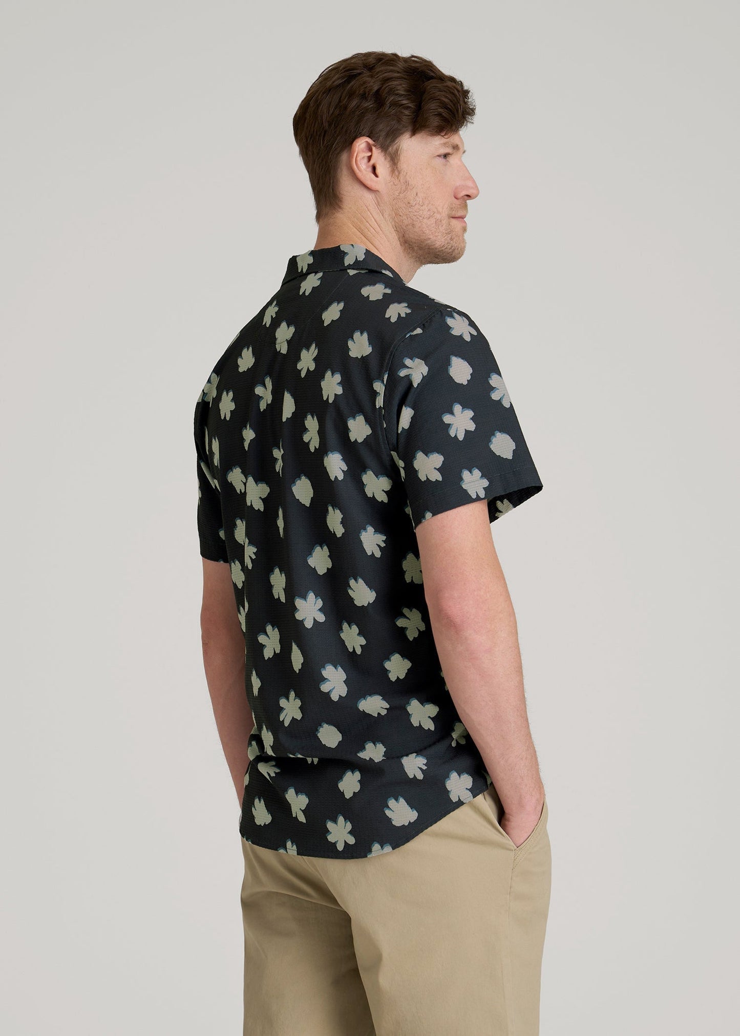 American Tall Men Coastal Perforated Polo Shirt for Tall Men in Navy and Bone Floral