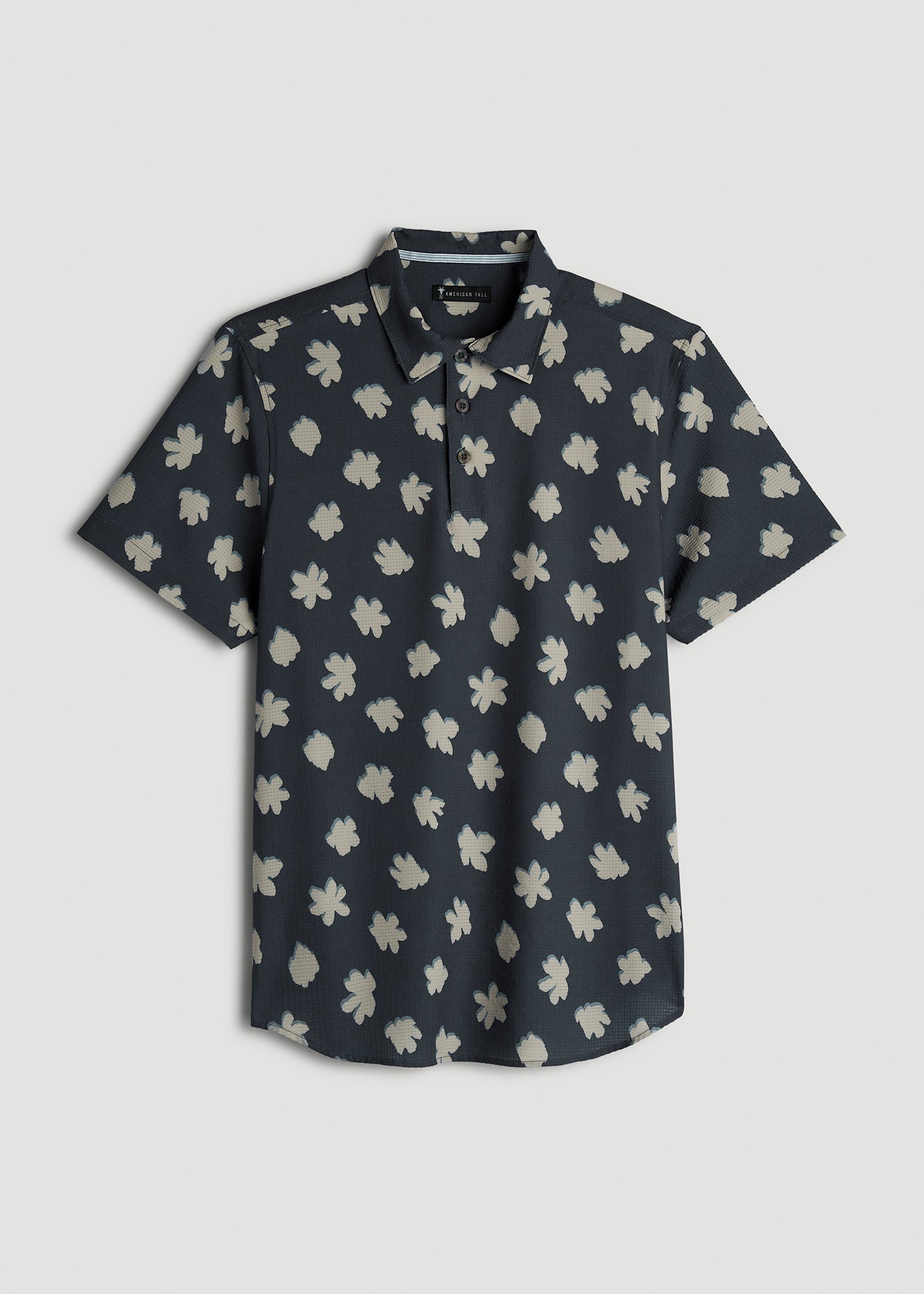 American Tall Men Coastal Perforated Polo Shirt for Tall Men in Navy and Bone Floral