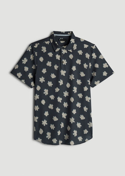 American Tall Men Coastal Perforated Polo Shirt for Tall Men in Navy and Bone Floral