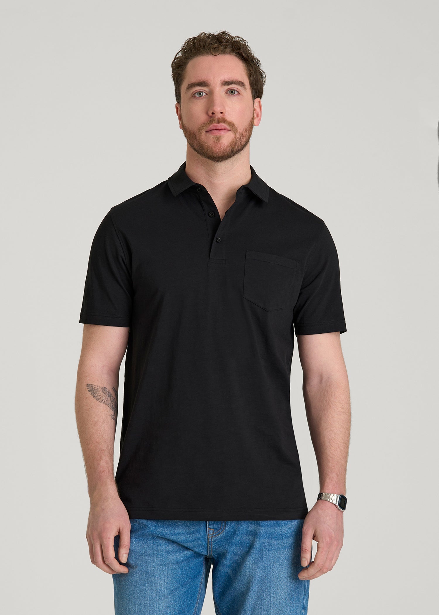 American Tall Men Slub Knit Polo with Pocket for Tall Men in Black
